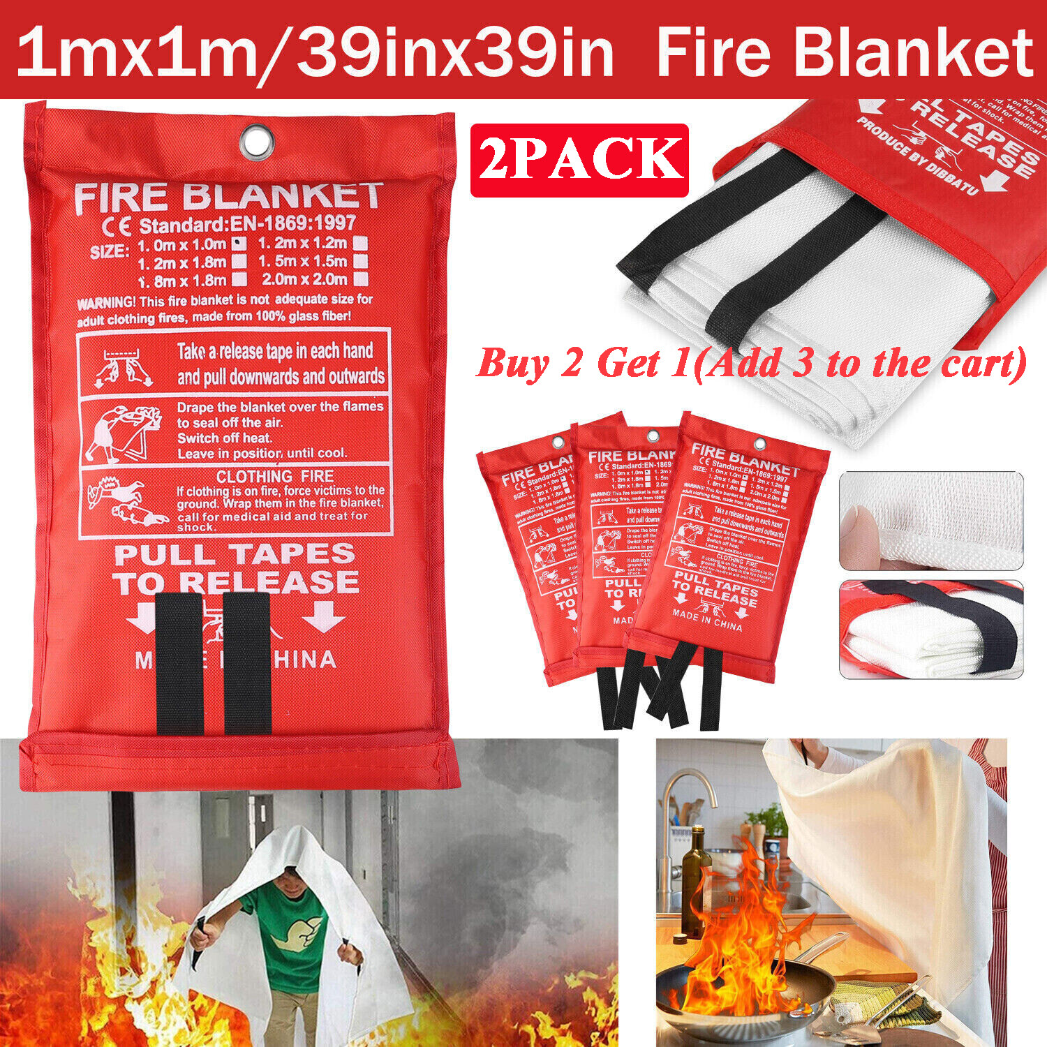 2Pack FIRE BLANKET Fiberglass Hero Emergency Home Retardant Prepared 39”x39”