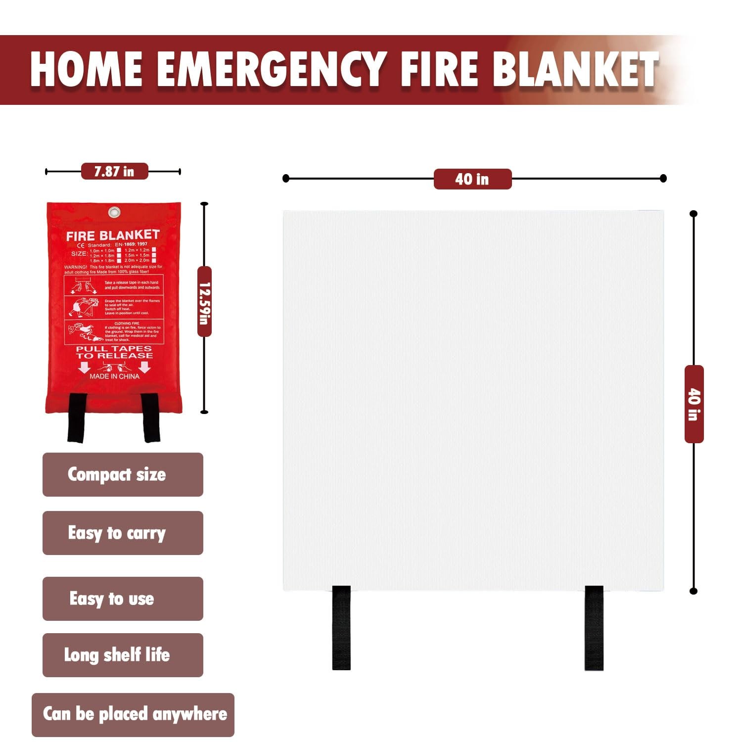 Fire Blanket 40×40 inches Fiberglass w/Gloves Hooks Whistle – Fireproof Safet…