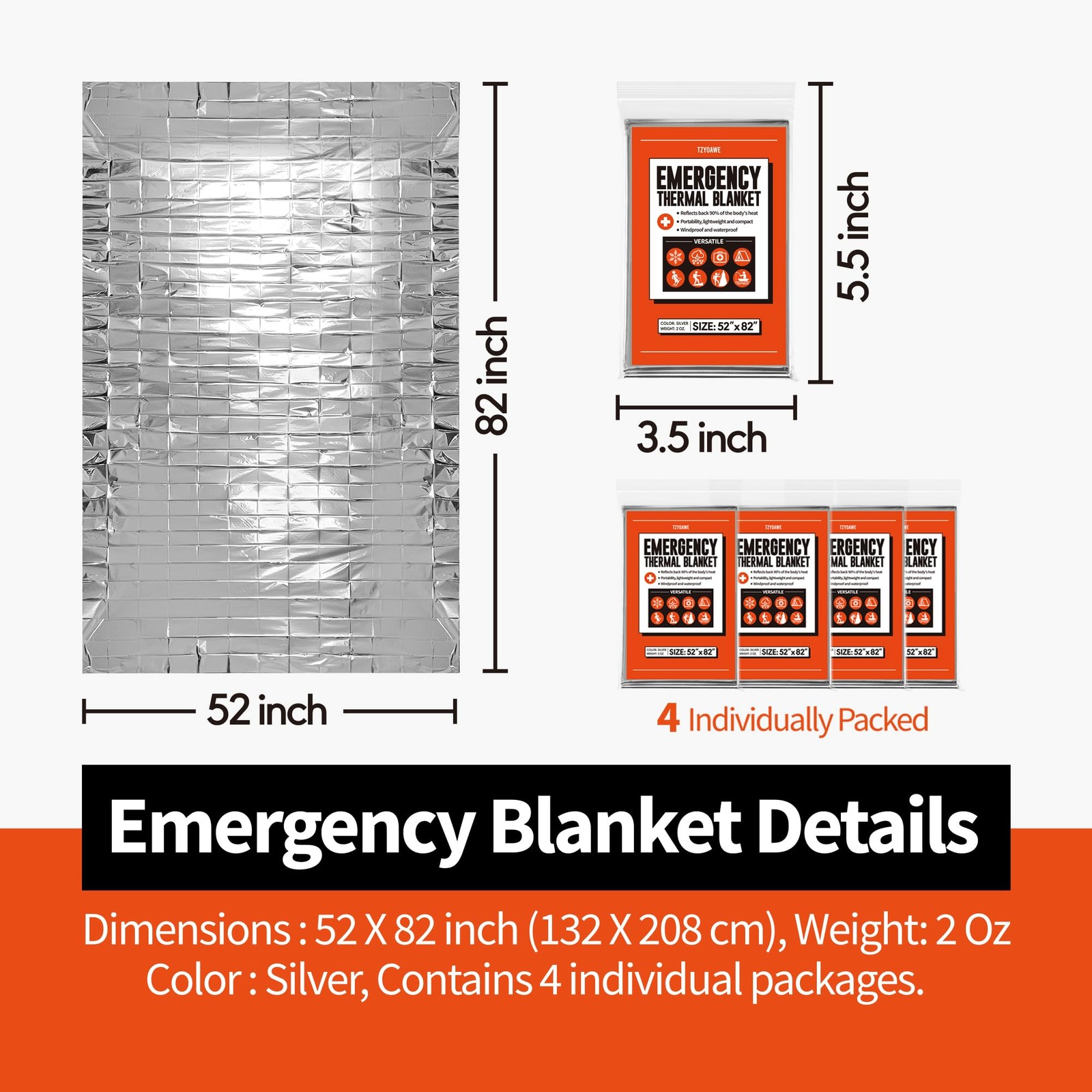 Emergency Thermal Blankets,4 Pack,Space Mylar Blanket Survival kit