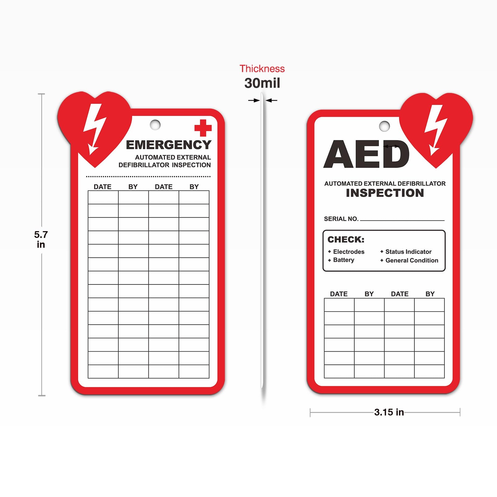25 Pack Waterproof Plastic AED Inspection Tags Record Cards Zip Ties