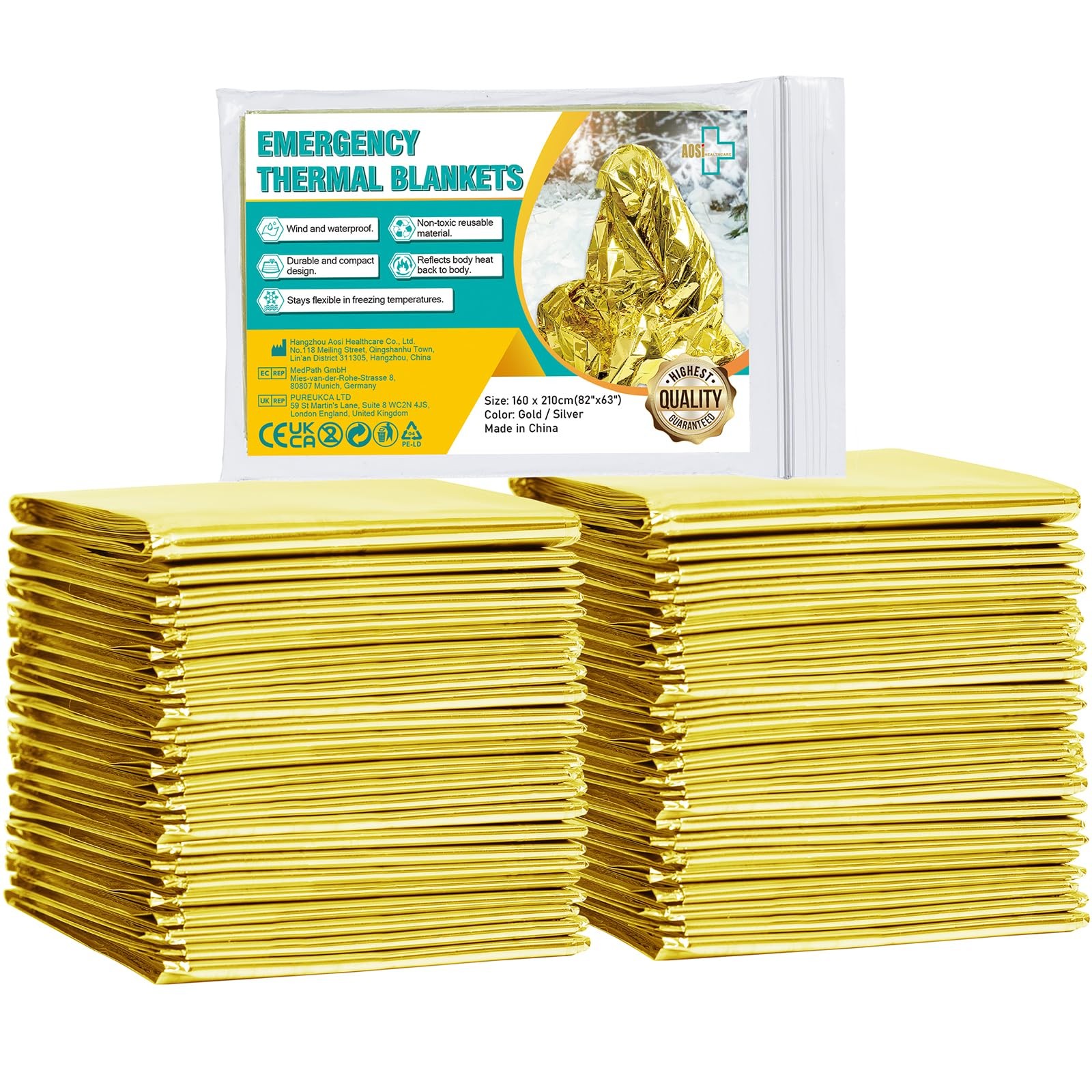 Emergency Gold Foil Blankets 12-Pack for Survival, Hiking, First Aid, Outdoors