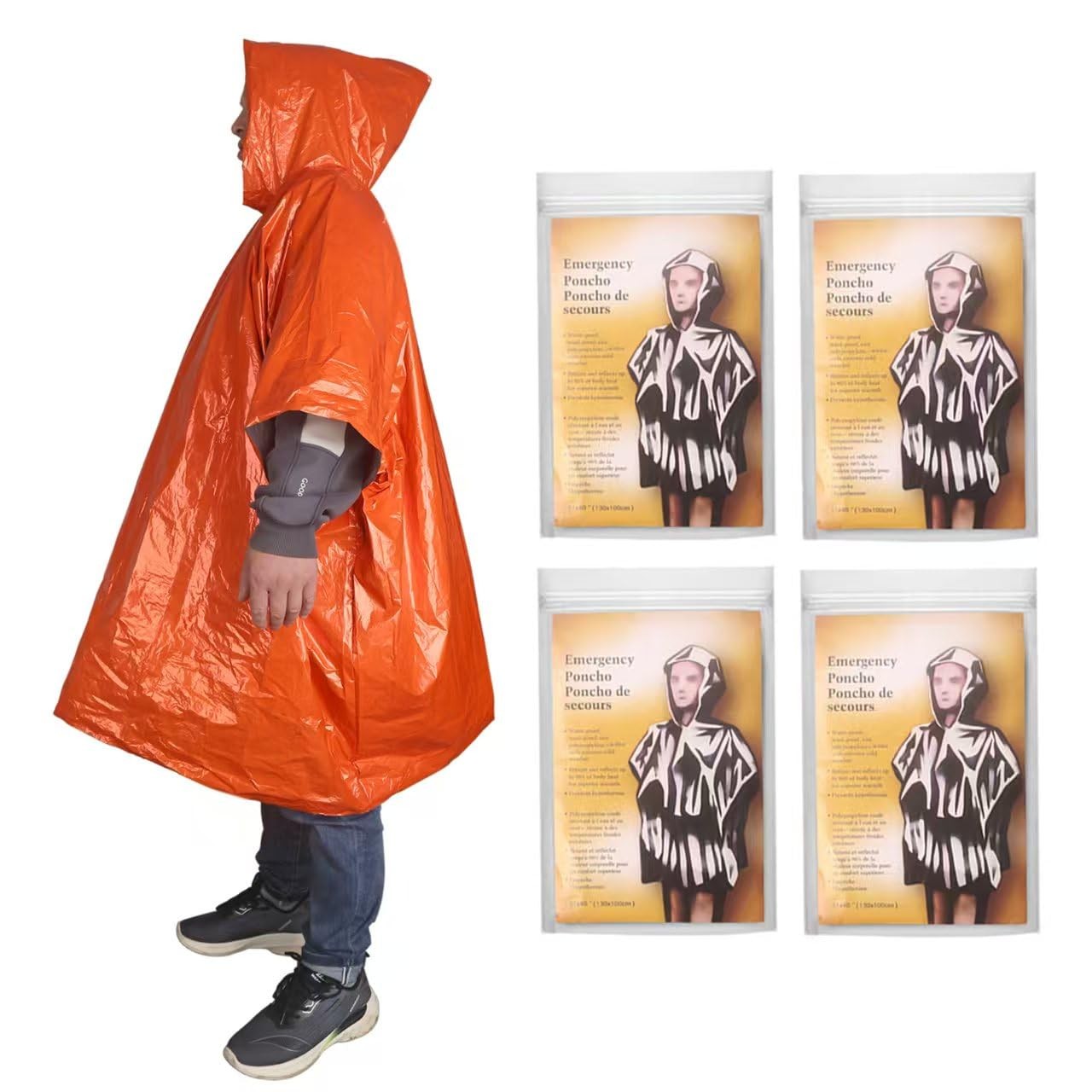 4-Pack Emergency Poncho Orange/Reflective Silver, Reversible Hood Windproof R…