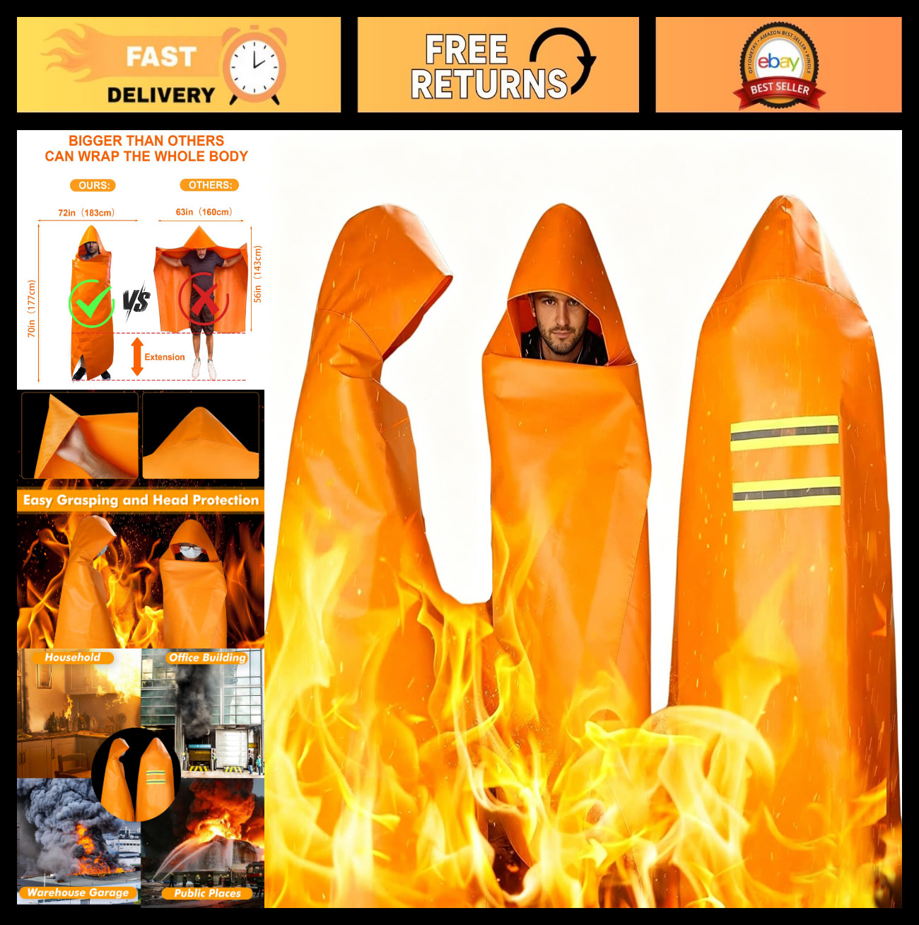 Emergency Fire Escape Cloak – Extra Large Fireproof Blanket, 72x70in, Reusable,