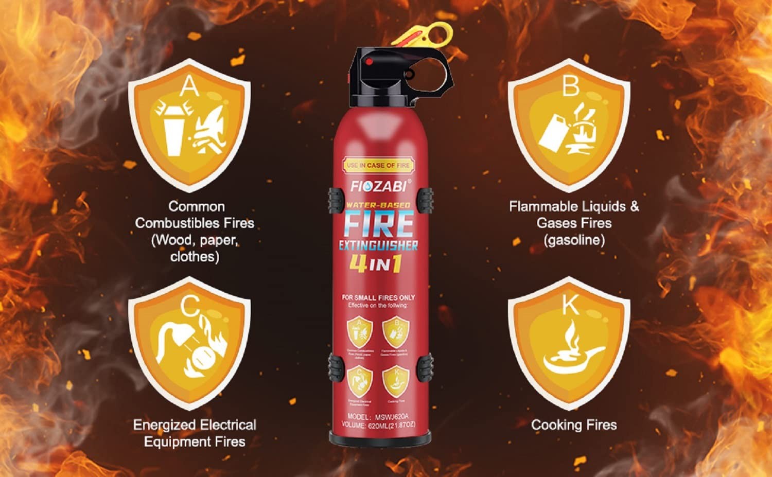FIOZABI 2 PACK Portable Fire Extinguisher Spray 4 in-1 With Bracket for Red