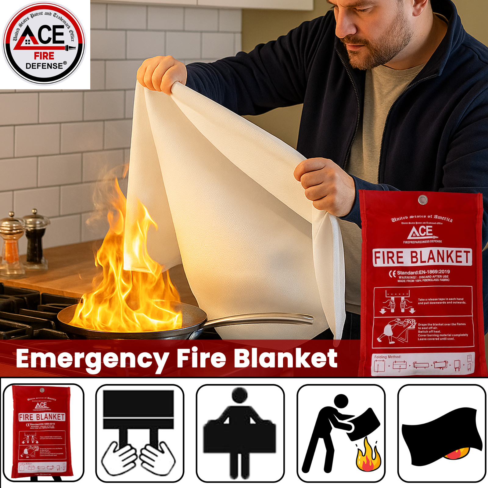 Fire Emergency Fire Blanket – 3-Pack – Fire Suppression Blanket for Kitchen