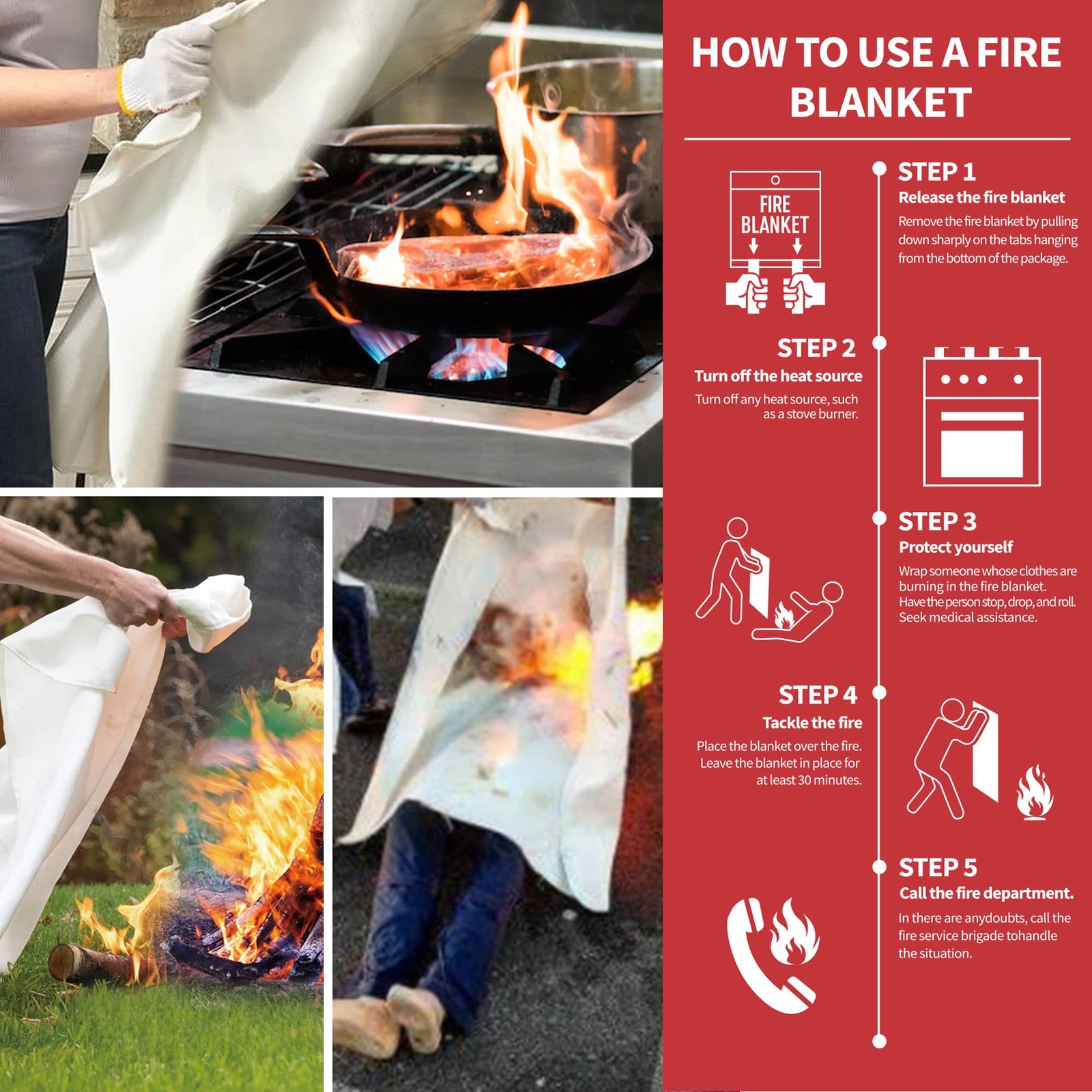 Fire Blanket for Kitchen and Home, 40″ x 40″, Fiberglass Fire Blanket, 4 Pack