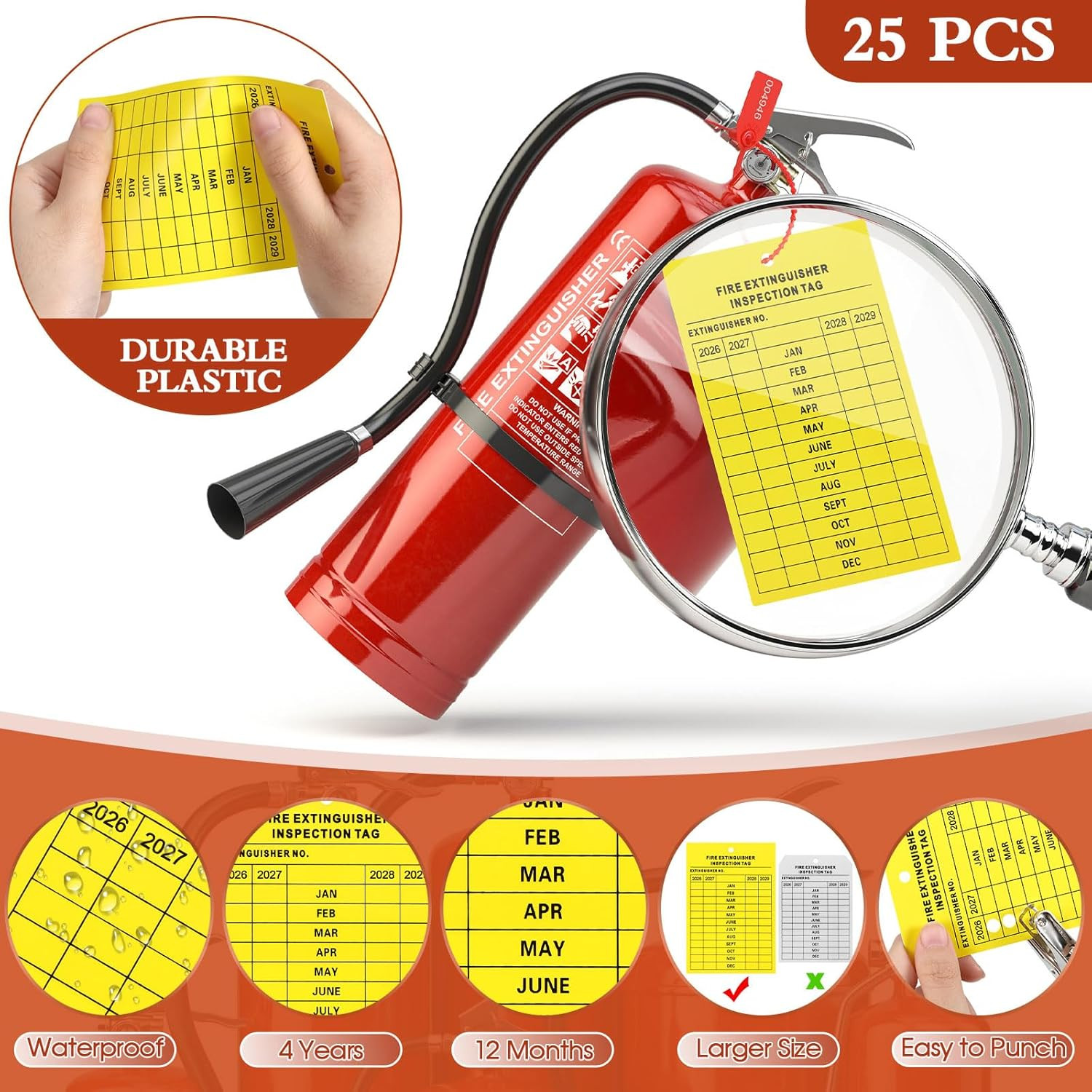 101 Pieces Monthly Fire Extinguisher Inspection Tags 2026 to 2029 Plastic Mainte