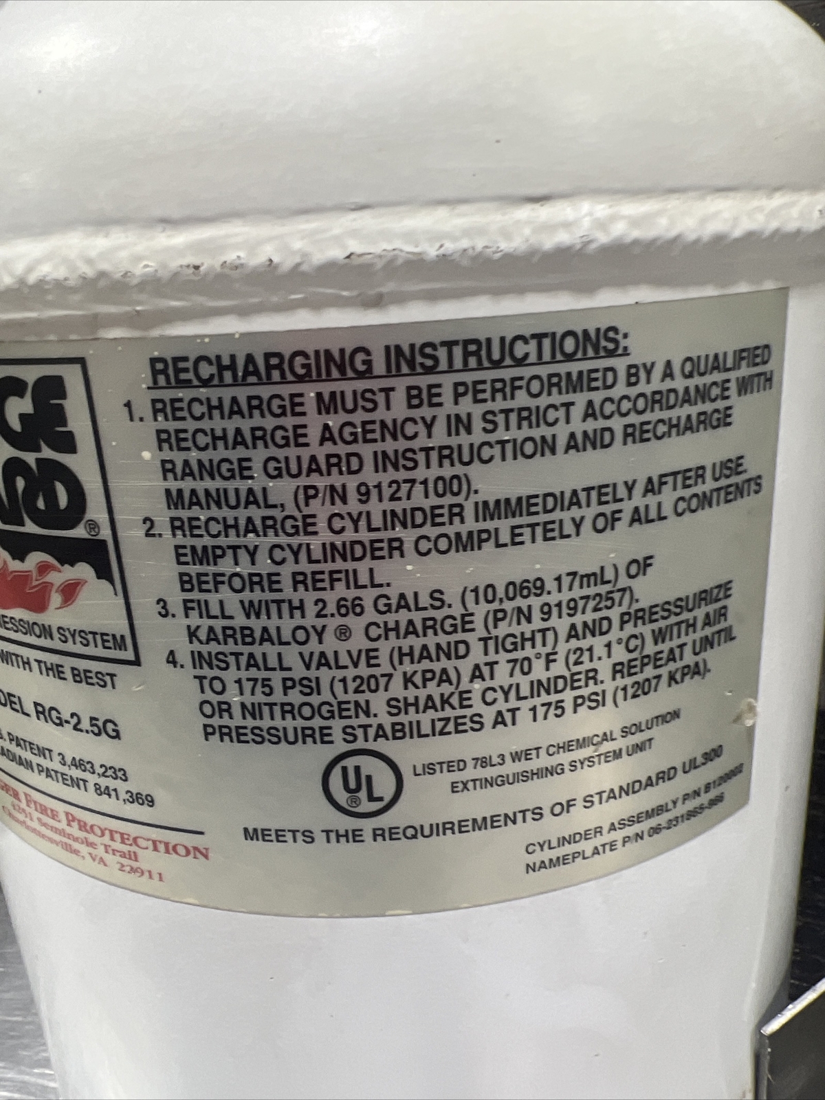 Badger Fire Protection Range Guard Wet Chemical Cylinder Model RG-2.5G. Used