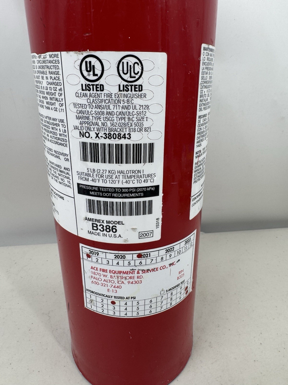 Amerex B386 Fire Extinguisher 5 lb Halotron Clean Agent 5B:C Class BC 2021