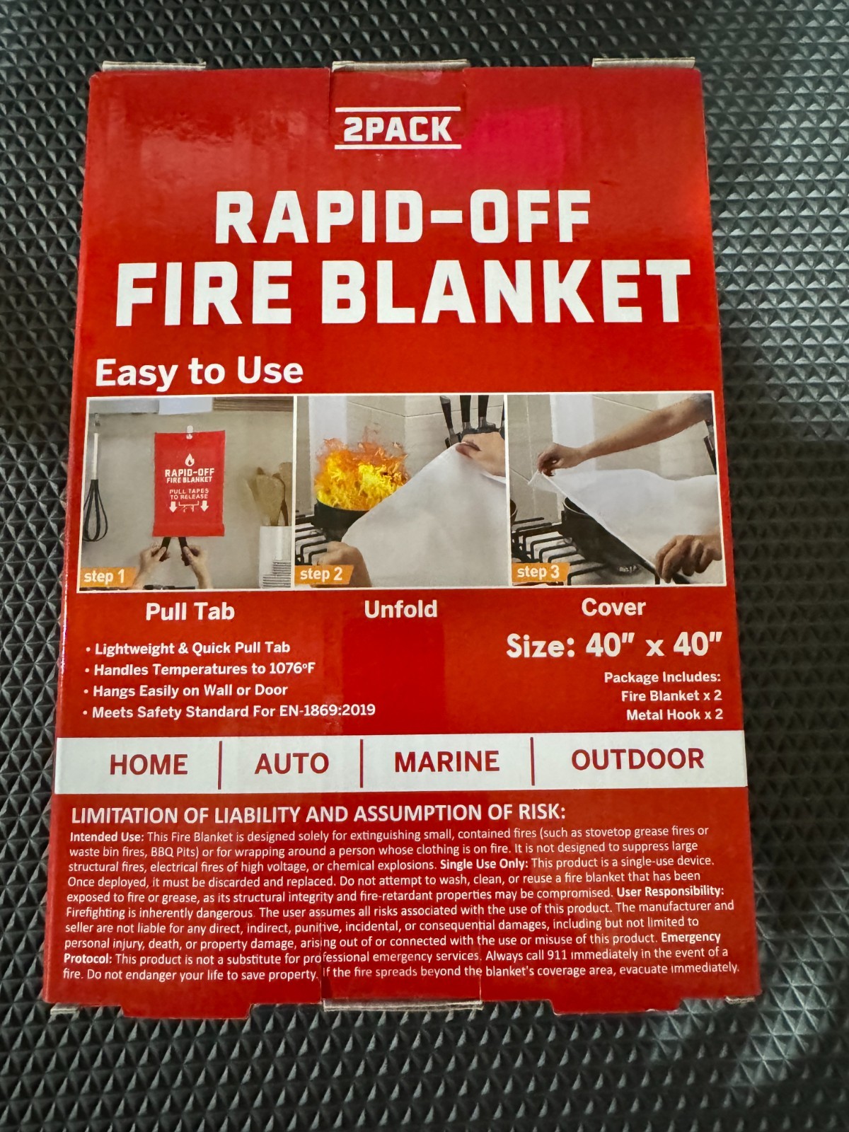 RAPID-OFF Fire Blanket 2 Pack Fiberglass Kitchen Garage Car Safety 40”x40”