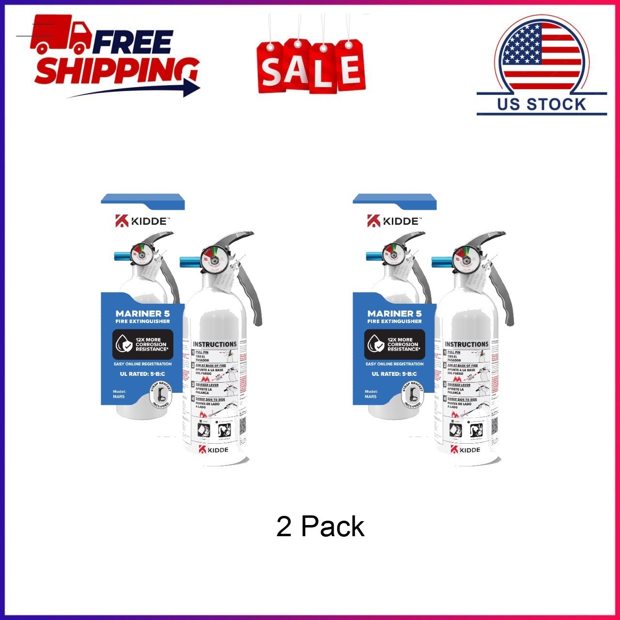 2 Pack, Kidde Mariner 5 Fire Extinguisher for Boats, Single-Use 5BC