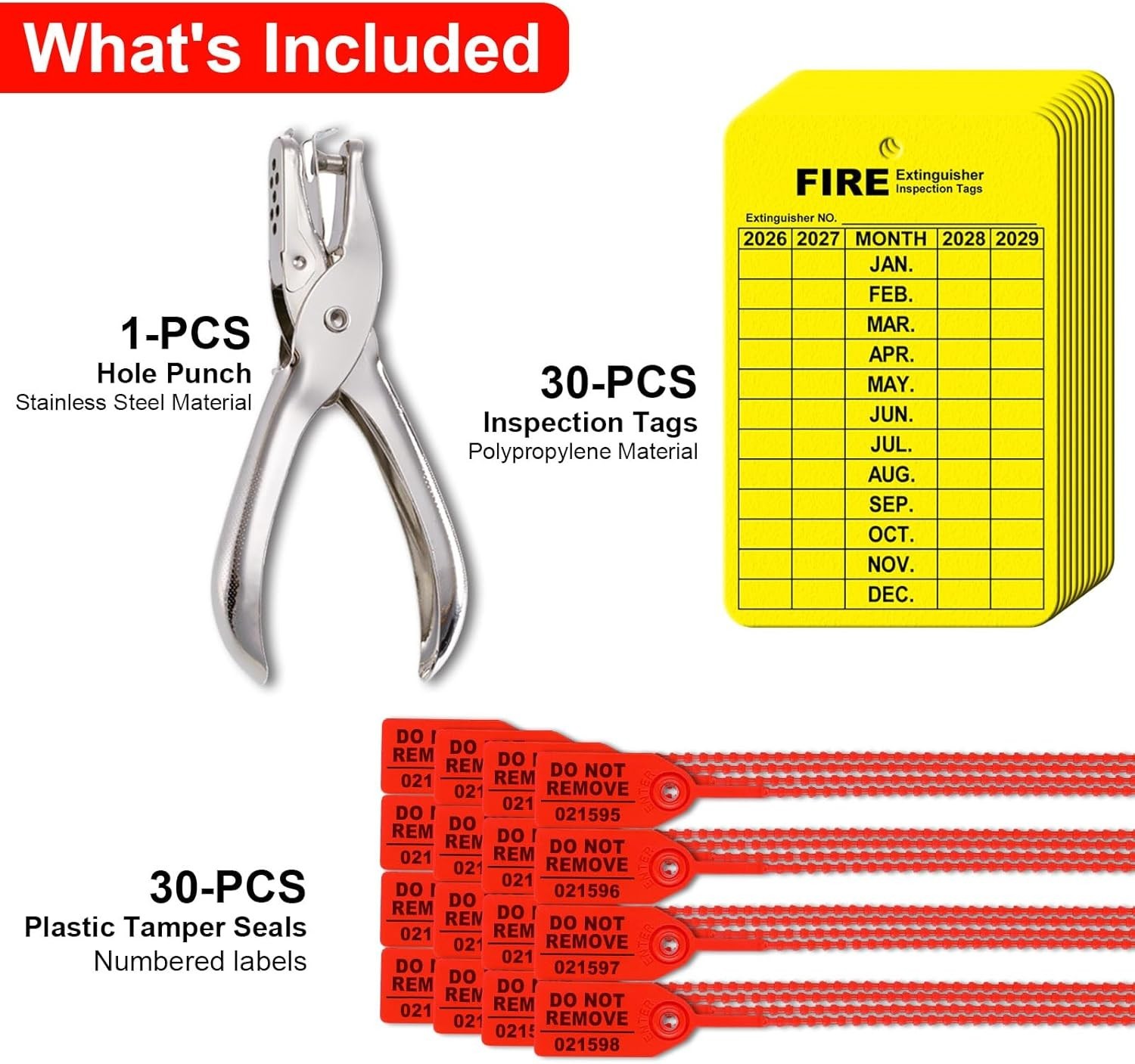 30 Set Fire Extinguisher Tags Monthly Inspection Plastic Ties Hole Puncher Red
