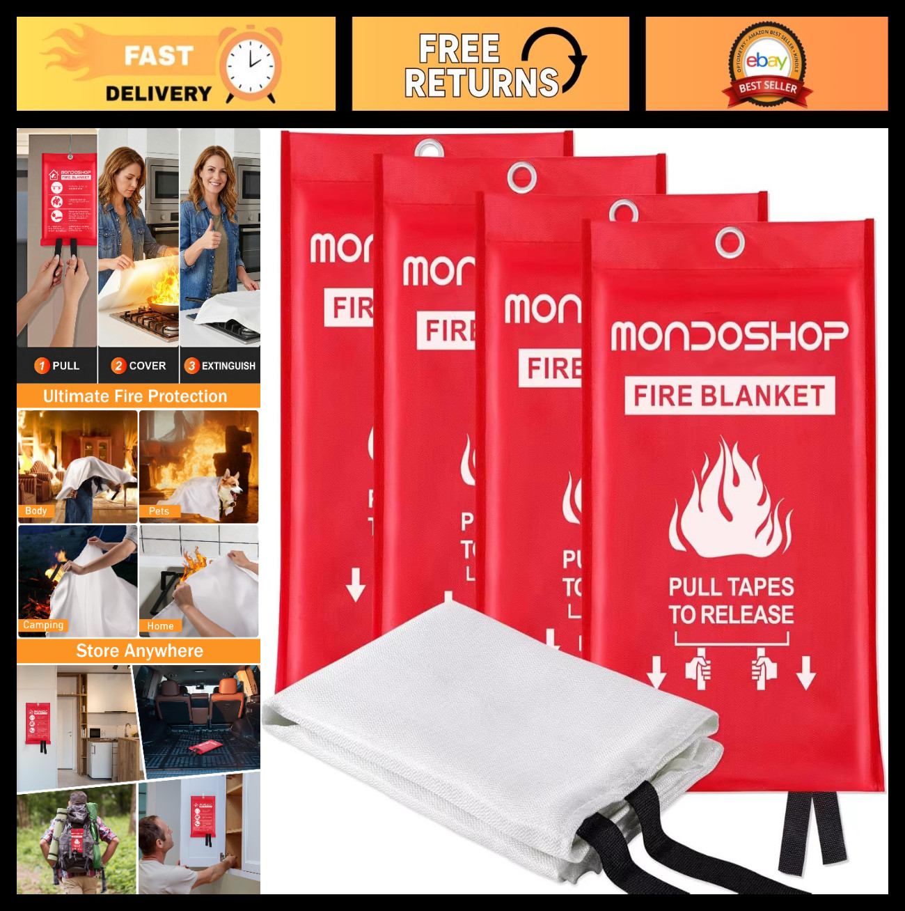 Fire Blanket 4 Pack – 40″x40″ Reusable, High Temp Resistant, Non-Toxic, Easy Sto