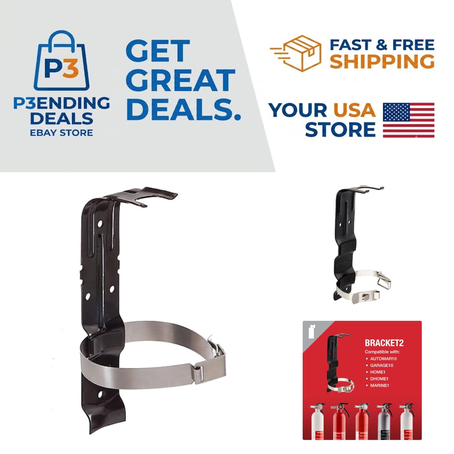 BRACKET2 Heavy-Duty Black Fire Extinguisher Mount – Compatible with FE10GR