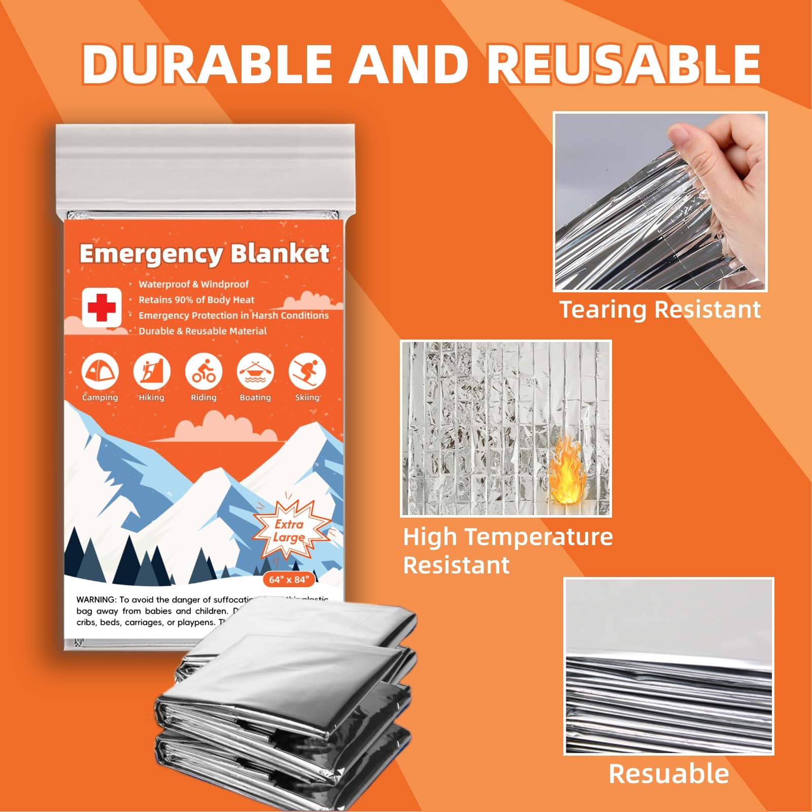 6 Pack Emergency Thermal Blanket Survival, 84” x 64” Extra Large Mylar Blanke…