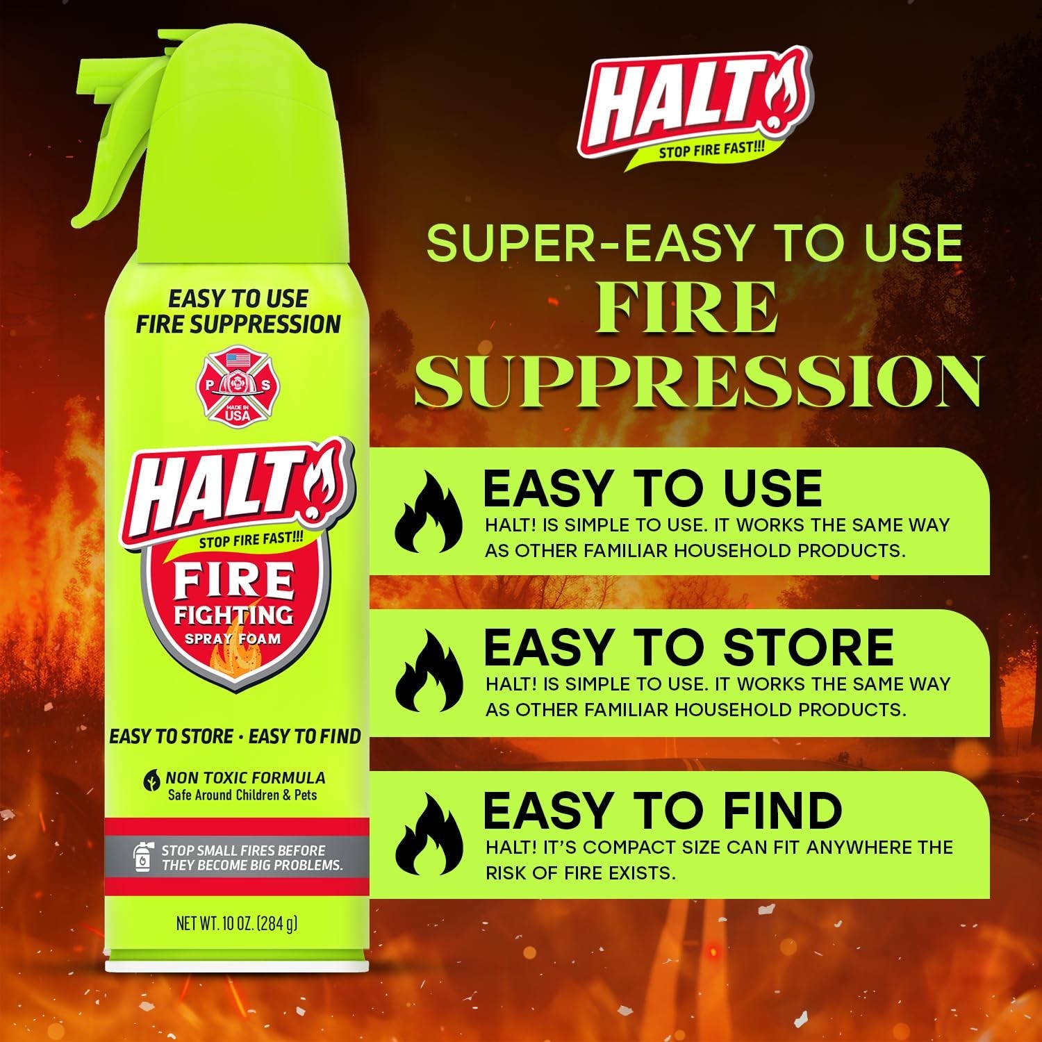 10oz Non-Toxic Fire Safety Spray – PFAS-Free Handheld Suppressor, Compact & Port