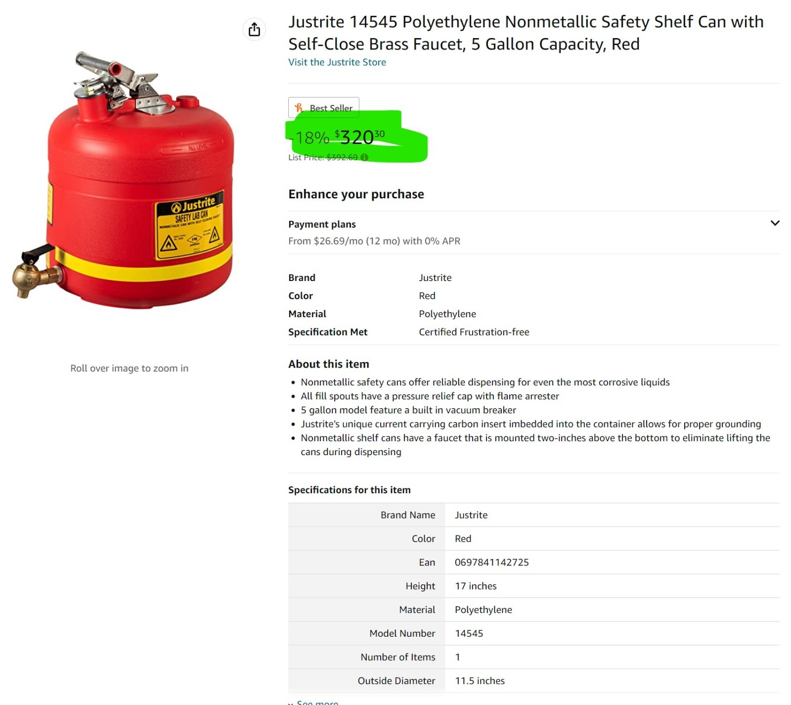 5 Gallon Polyethylene Safety Shelf Can with Bottom Faucet And Extra Ground Cable
