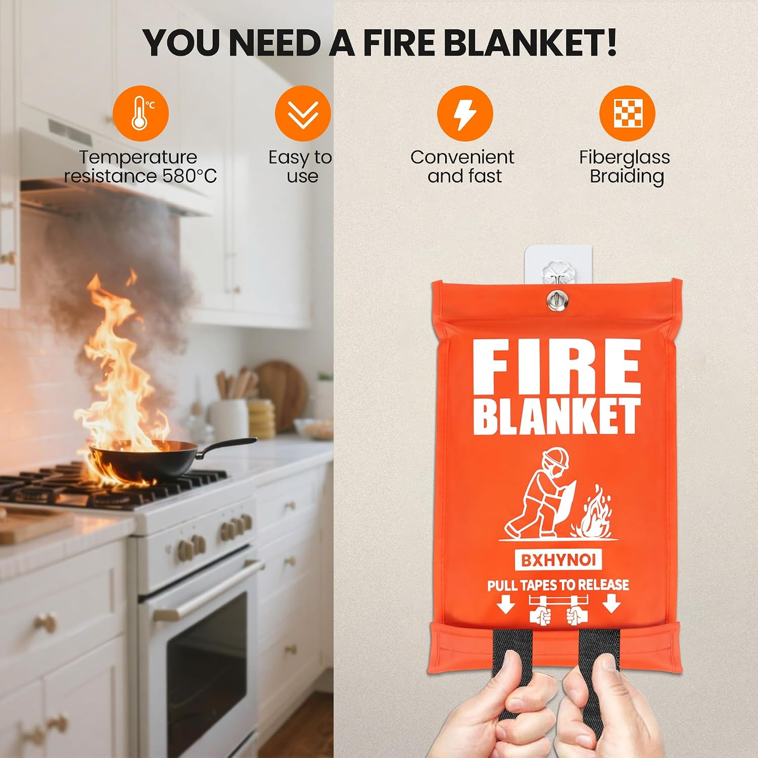 Emergency Fire Blanket 4 Pack 40″x40″, Essential Fire Safety Blanket for Kitchen