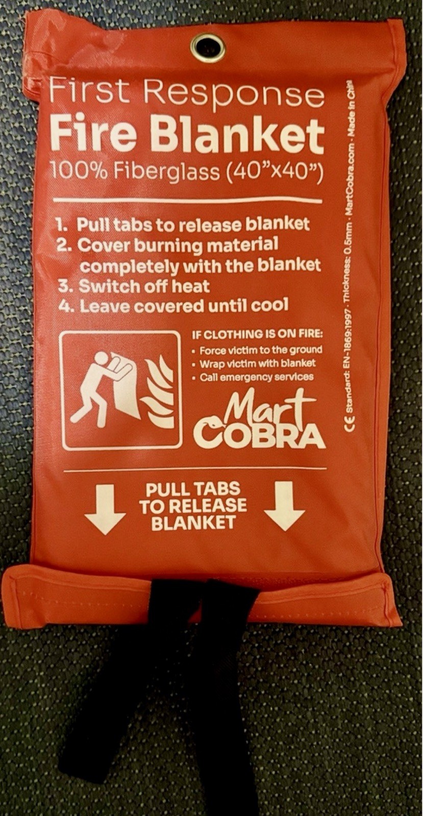 First Response Fire Blanket. Fire Protection. 100% Fiberglass. 40 x 40