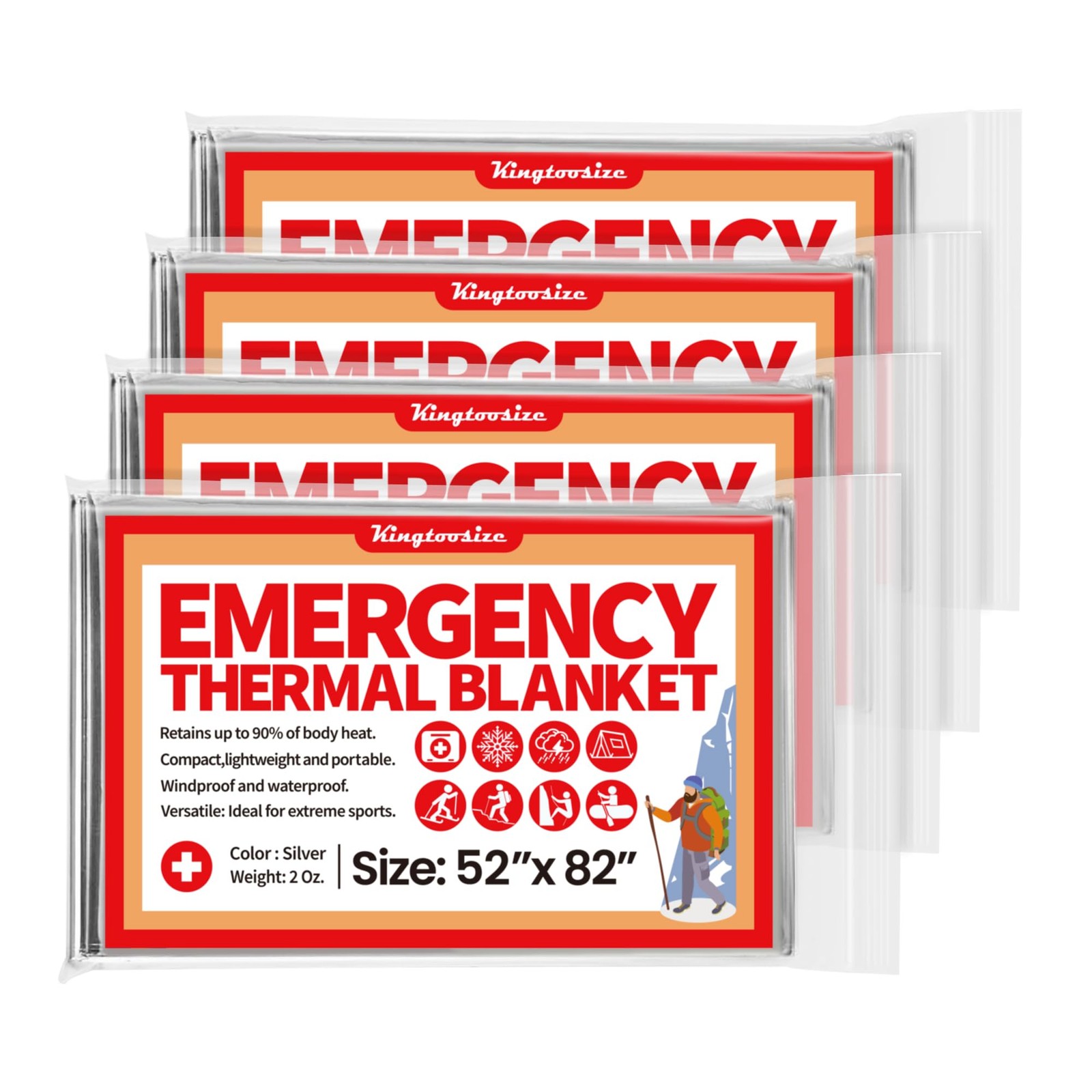 Emergency Thermal Blanket, 4-Pack, Mylar Space Blanket Survival Kit