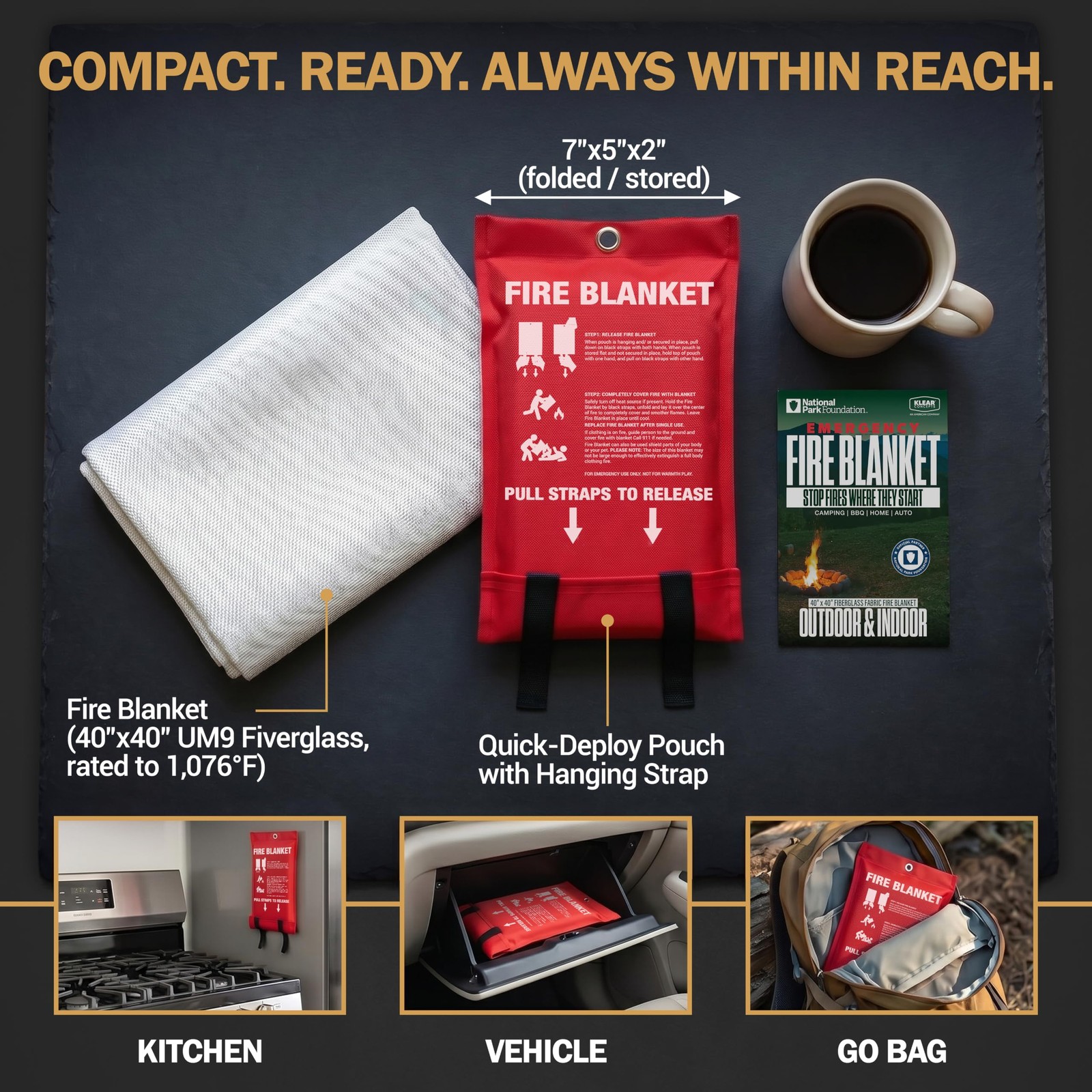 Emergency Fire Blanket, 40×40 UM9 Fiberglass, Rated to 1076°F, Smothers Kitch…