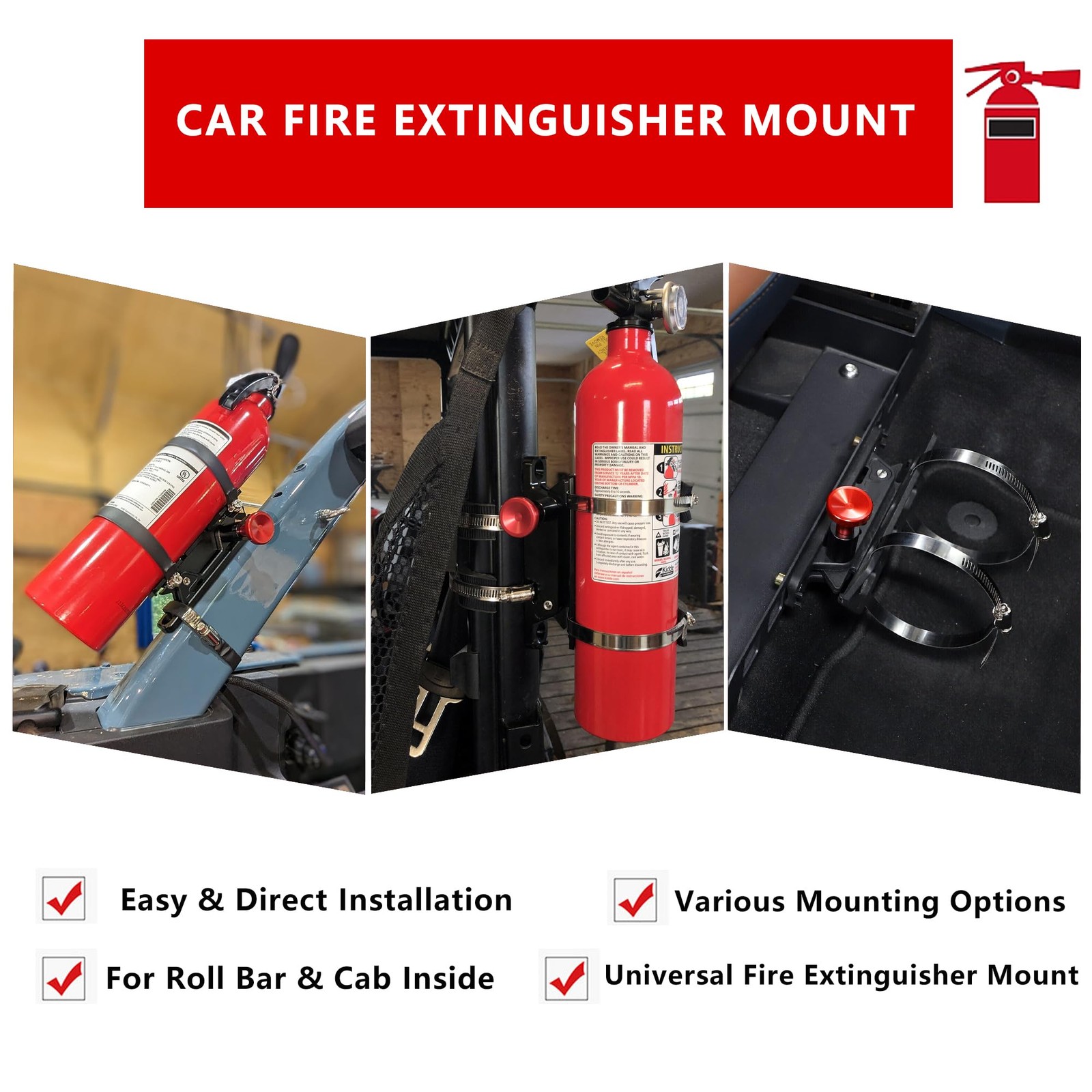 Quick Release Fire Extinguisher Mount – Aluminum Adjustable UTV Roll Black