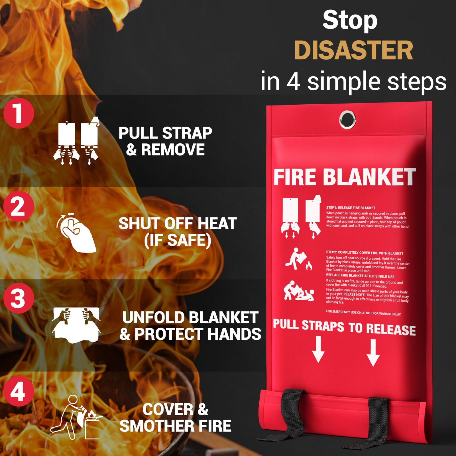 Emergency Fire Blanket, 40×40 UM9 Fiberglass, Rated to 1076°F, Smothers Kitch…