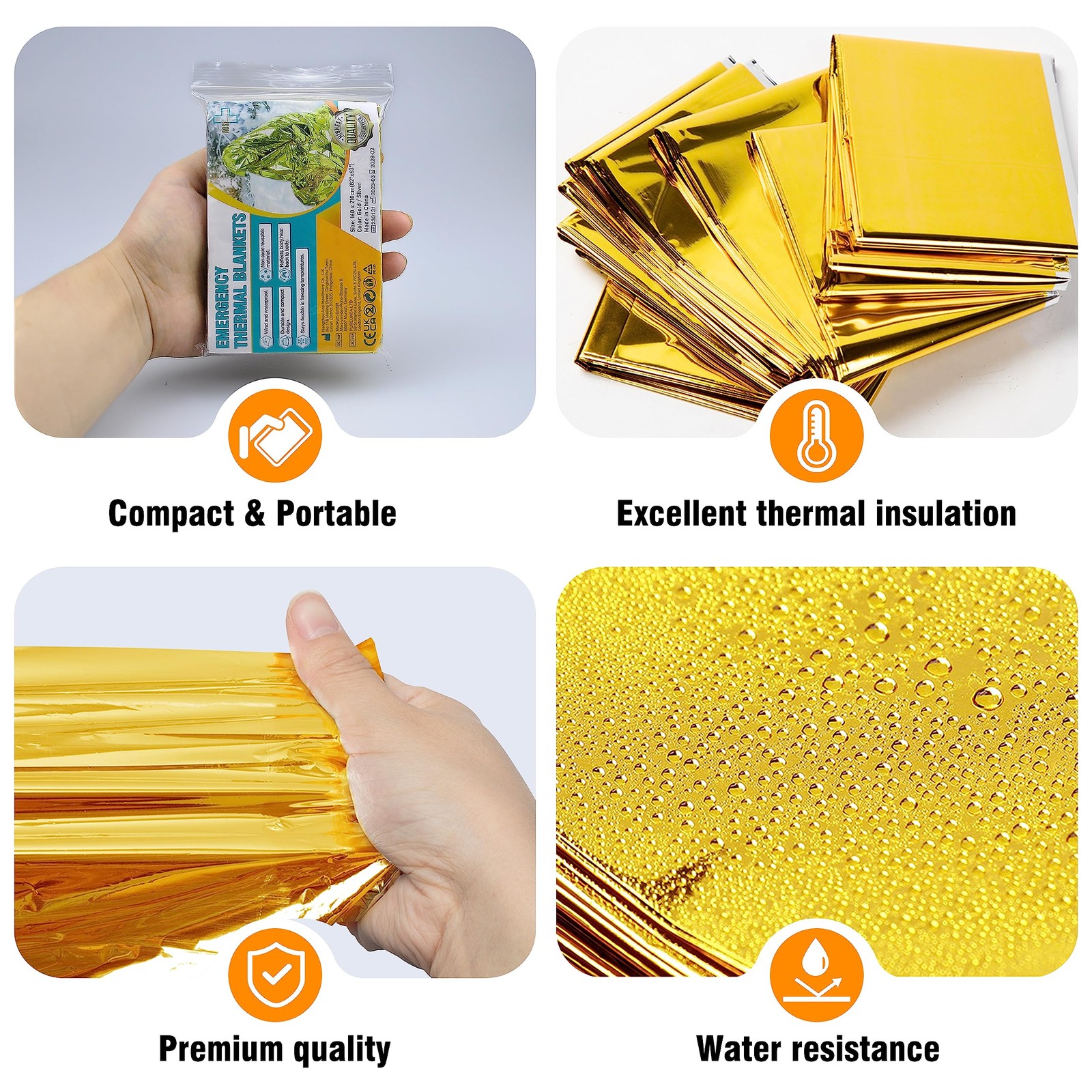 Emergency Gold Foil Blankets 12-Pack for Survival, Hiking, First Aid, Outdoors