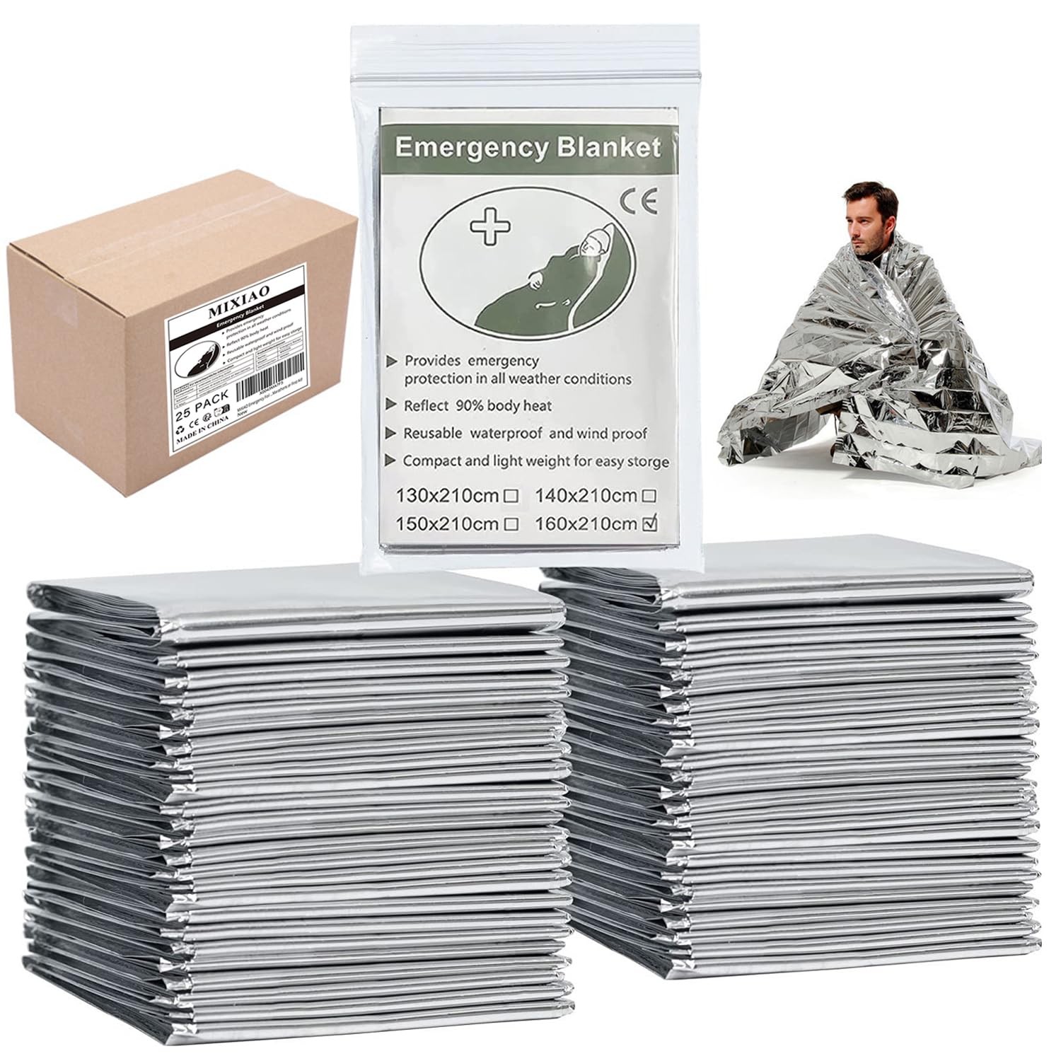 Emergency Foil Thermal Blanket (Pack of 25), 210 x 160 cm (82″ x 63″) Emergen…