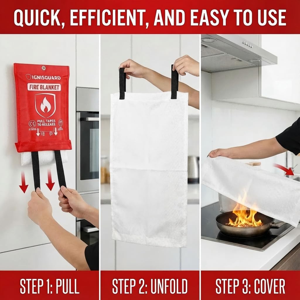 Fire Blankets 4 Pack, 40x40in with 1 Pair Fire Resistant Gloves & 4 Hooks, Fi…