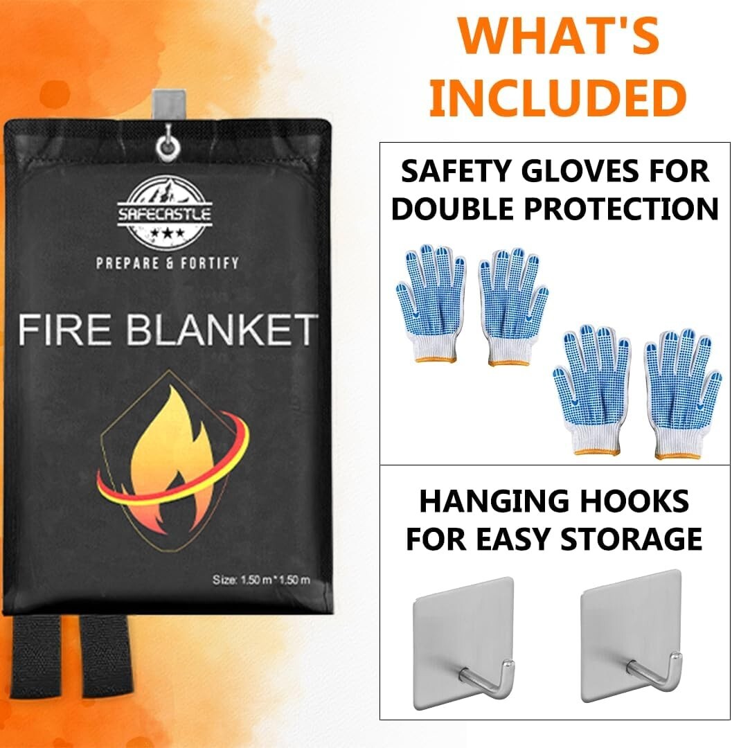 Fire Blanket Emergency Survival Kit 2 Pack 59″x59″ + 2 Hooks & 2 Gloves Safety