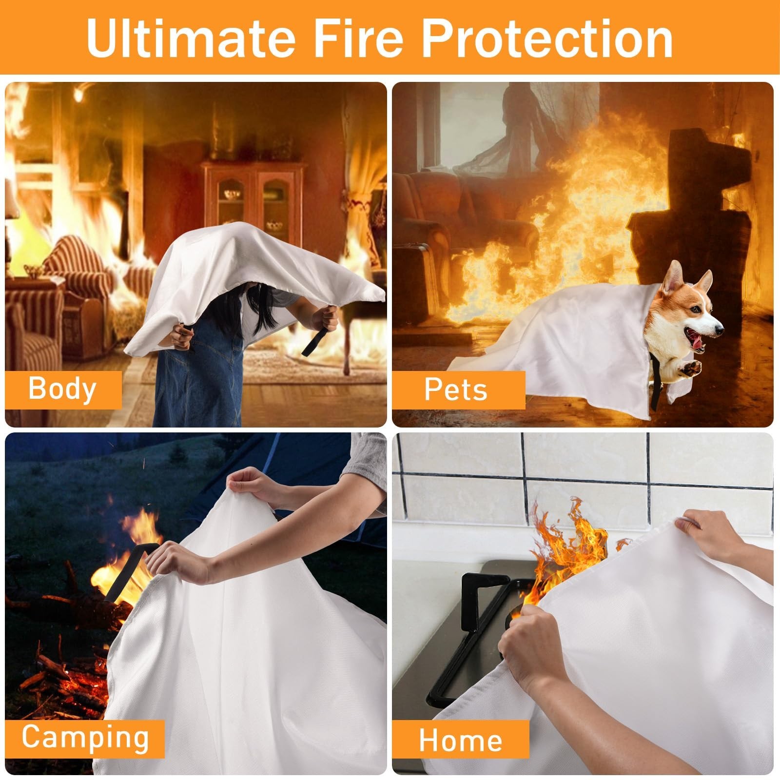 Fire Blanket 4 Pack – 40″x40″ Reusable, High Temp Resistant, Non-Toxic, Easy Sto