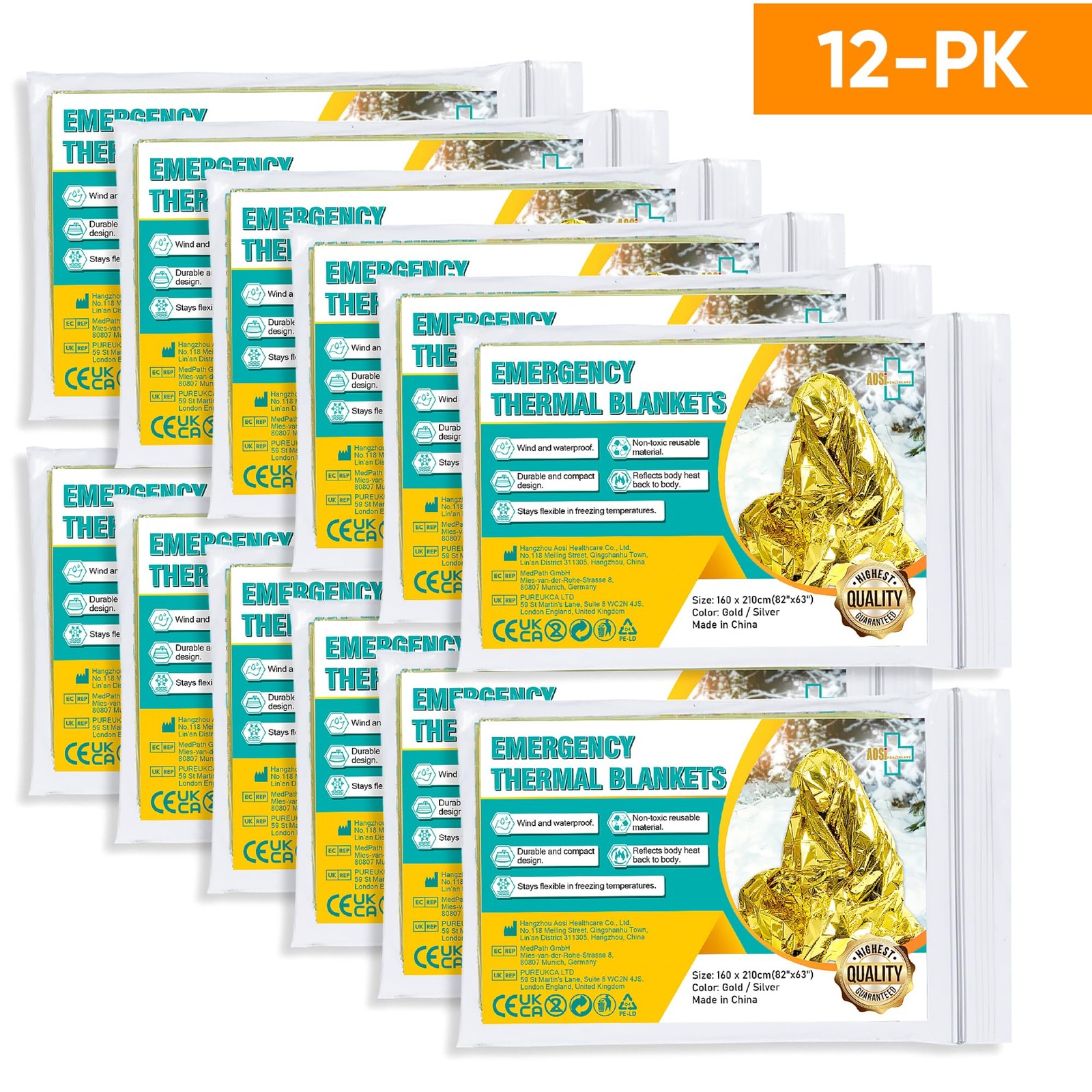 General Medi Emergency Blanket 12-Pack Gold Foil Perfect for Outdoors, Hiking