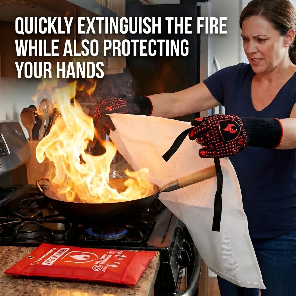 Fire Blankets 4 Pack, 40x40in with 1 Pair Fire Resistant Gloves & 4 Hooks, Fi…