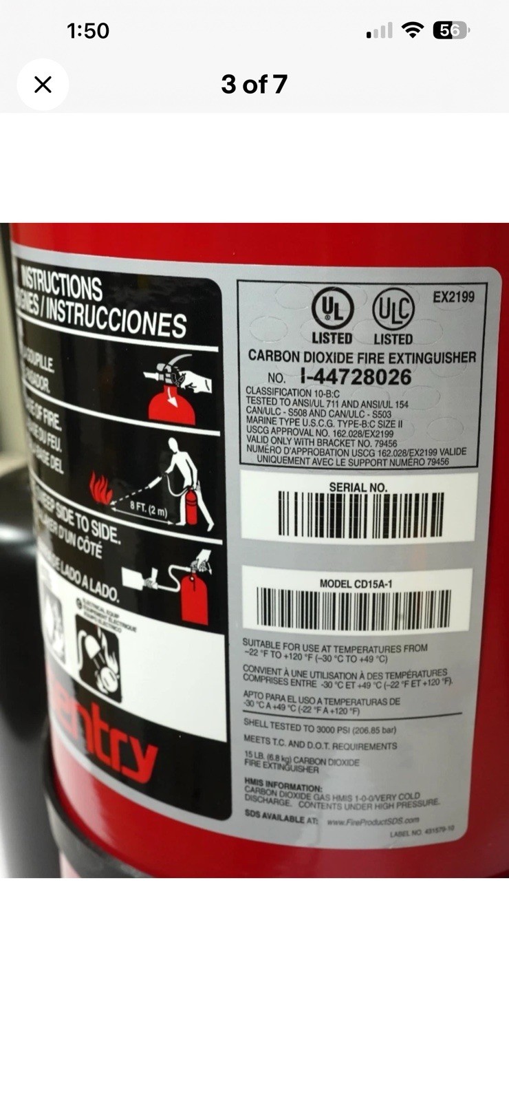 Sentry Ansul 431555 CD15A-1 15 lb Carbon Dioxide Marine Fire Extinguisher
