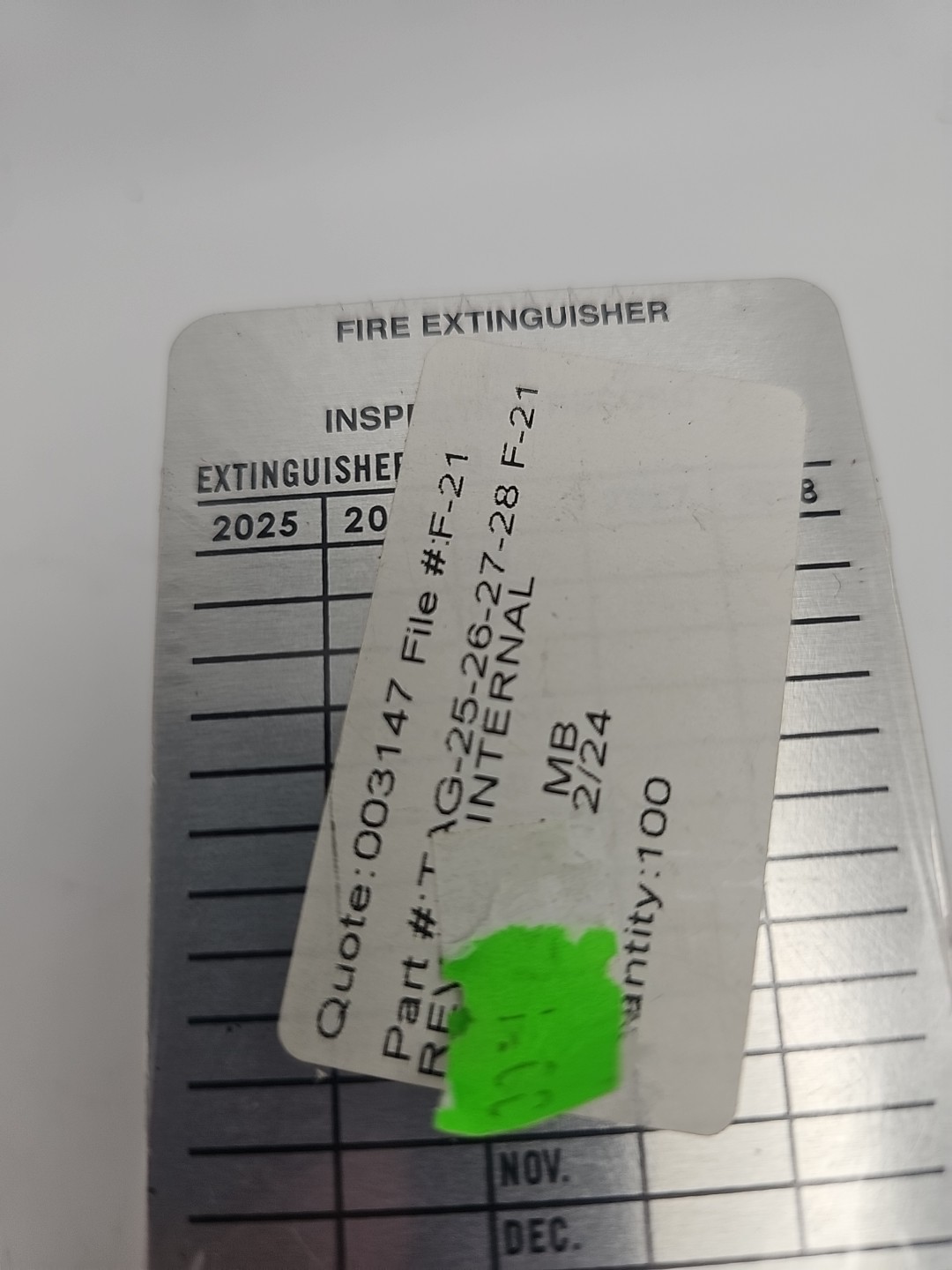 100-METAL FIRE EXTINGUISHER 4-YEAR INSPECTION TAGS 2025 – 2028 Sealed (D2)