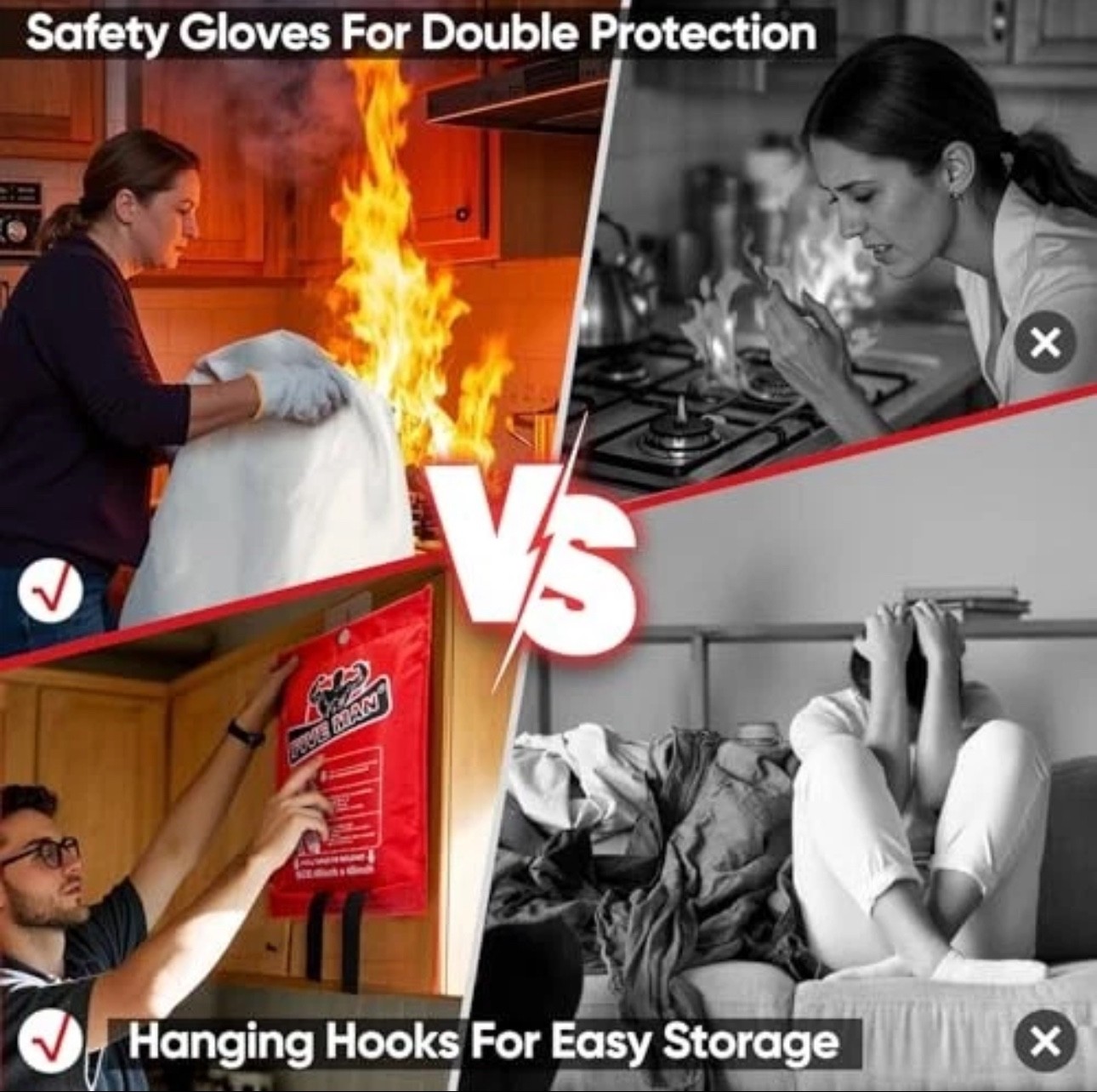Emergency Fire Blanket for Home Kitchen -40″x40″- Flame Fiberglass 2-pack Red