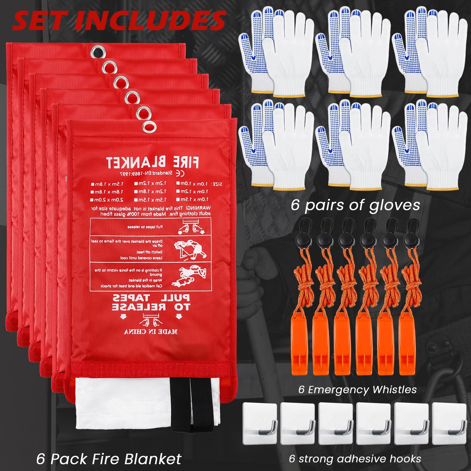 6 Sets Fire Blanket for Home Fire Suppression Thermal Blankets with Whistles,…