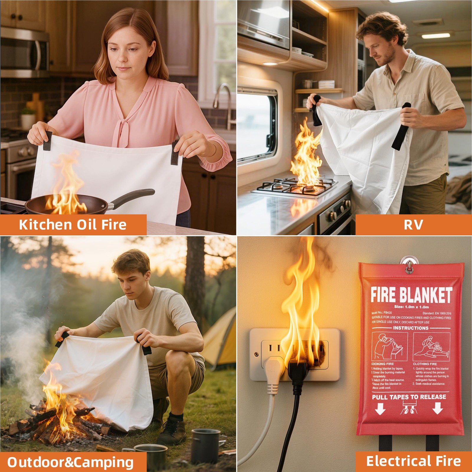 Fire Blanket 4 Pack – 40″ x 40″ CE Certified Fiberglass Prepared Emergency Fi…