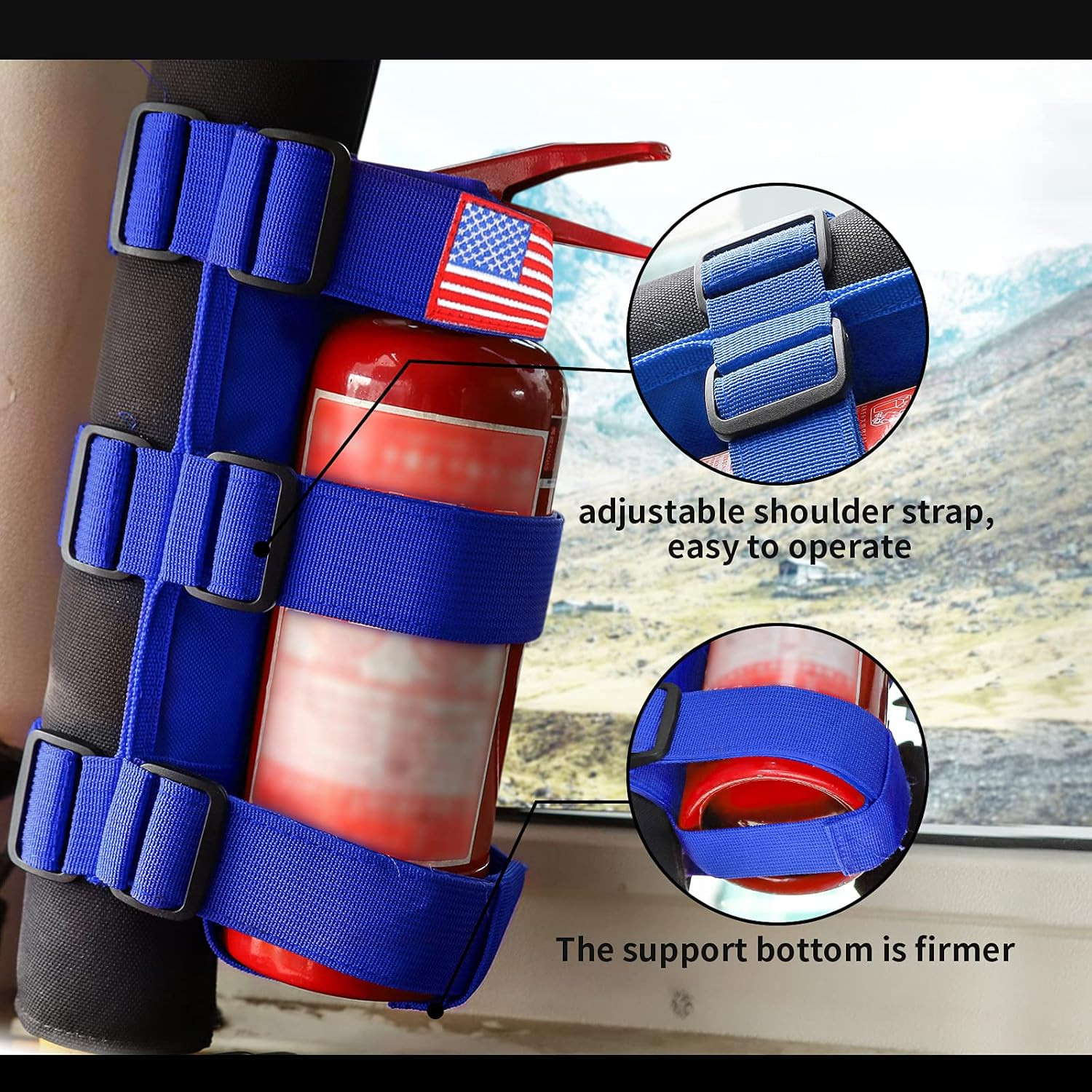 Adjustable Roll Bar Fire Extinguisher Mount Usa Flag Pattern, Blue