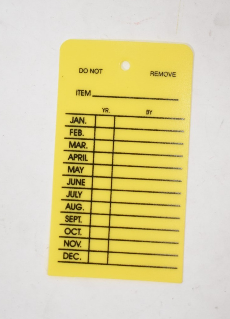 Bulk Pack Yellow Fire Extinguisher Monthly Tags Plastic 4-1/4″ x 2-1/2″
