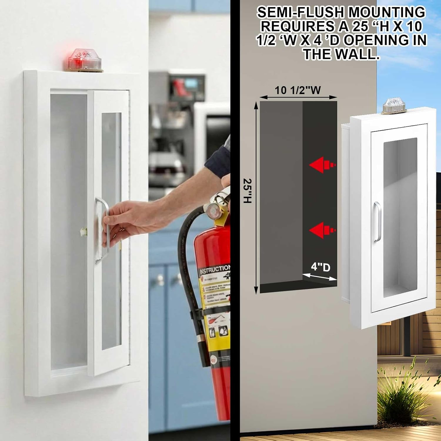 10Lb Recessed Fire Extinguisher Cabinet with Alarm, White Steel Wall-Mounted Saf