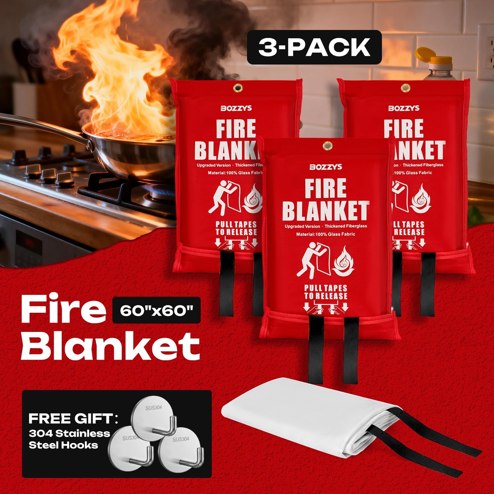 Fire Blanket 3-Pack | Fiberglass Prepared Fire Suppression | 60″x60″ Fire Bla…