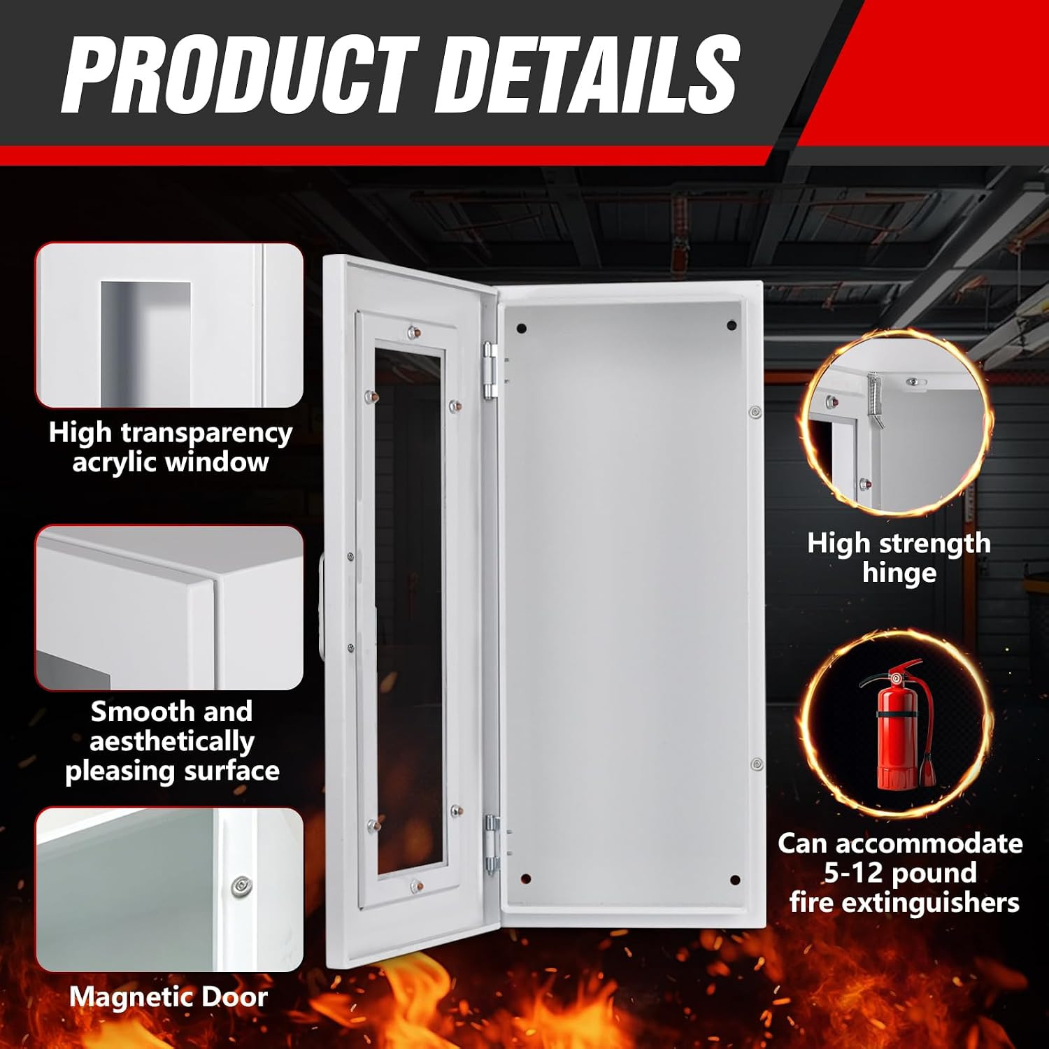 Fire Extinguisher Cabinet Wall with Magnetic Door & Handle for 5-12 Pounds Extin