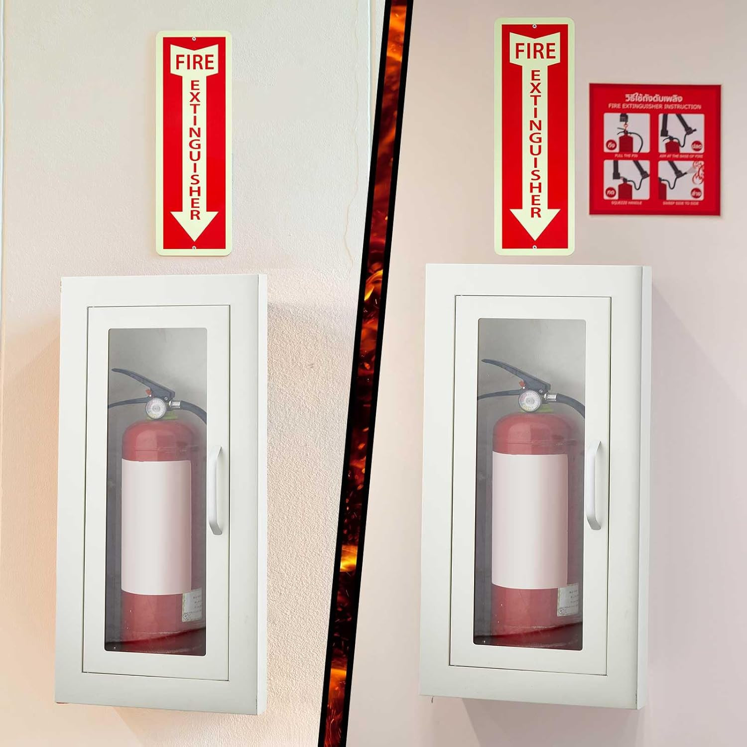 Semi-Recessed Fire Extinguisher Cabinet with Reflective Sign, Steel Recessed Wal