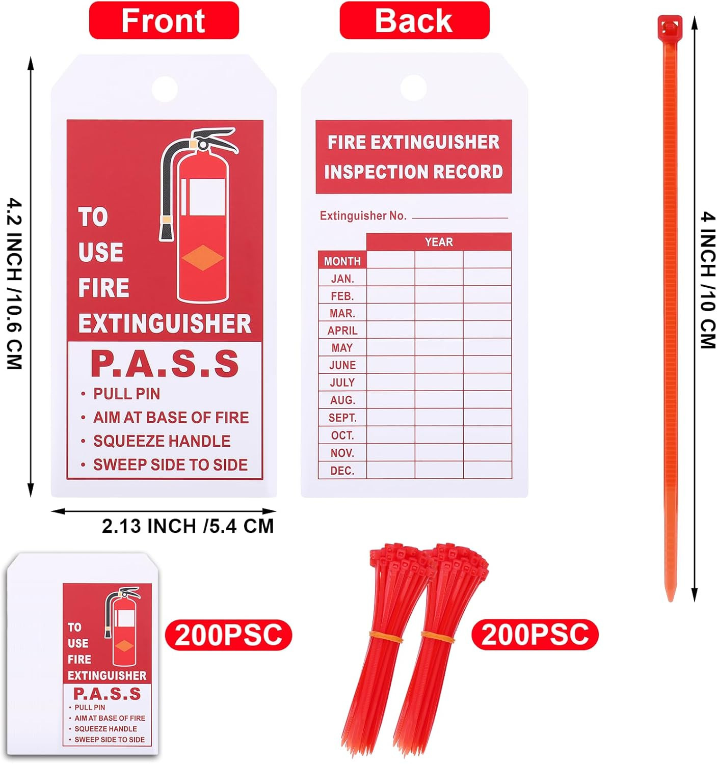 200 Sets Fire Extinguisher Inspection Tags with 200PCS Adjustable Zip Ties and 2
