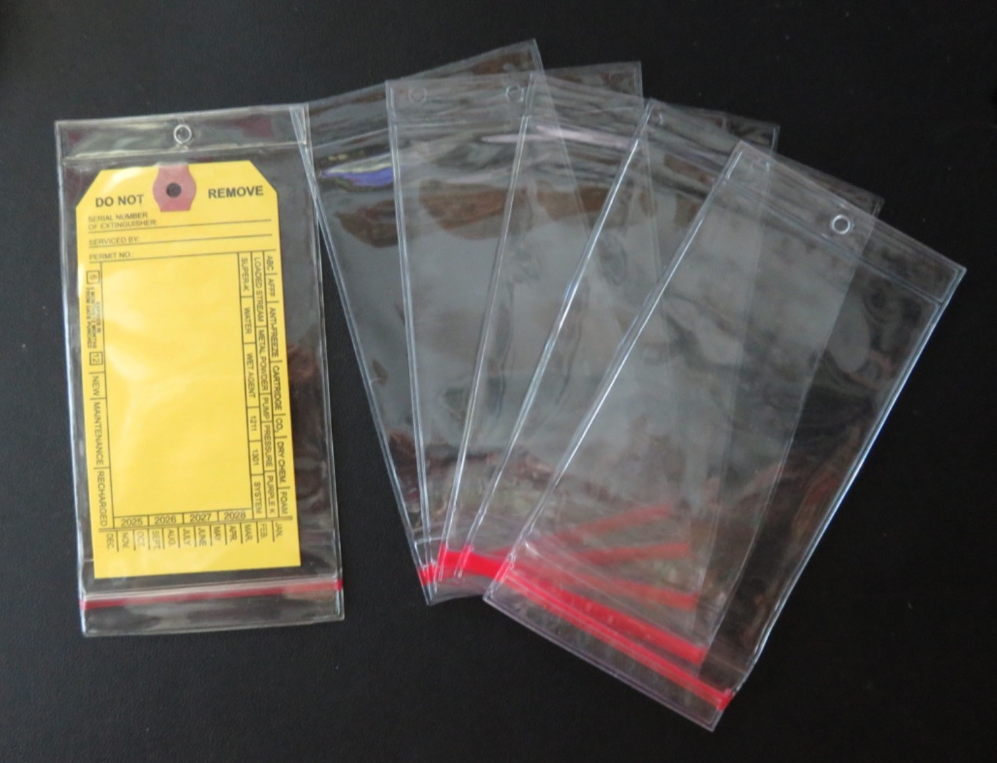 ✅🔥🧯LOT OF 25-HEAVY DUTY FIRE EXTINGUISHER TAG COVERS (3 1/4″ X 7″) 10 mil. 🔥