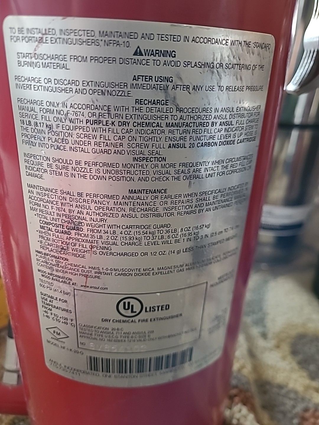 Ansul Red Line BC -20lb I-K-20-G Reg. Dry chem Cart. Op.Fire Extinguisher W/TAG
