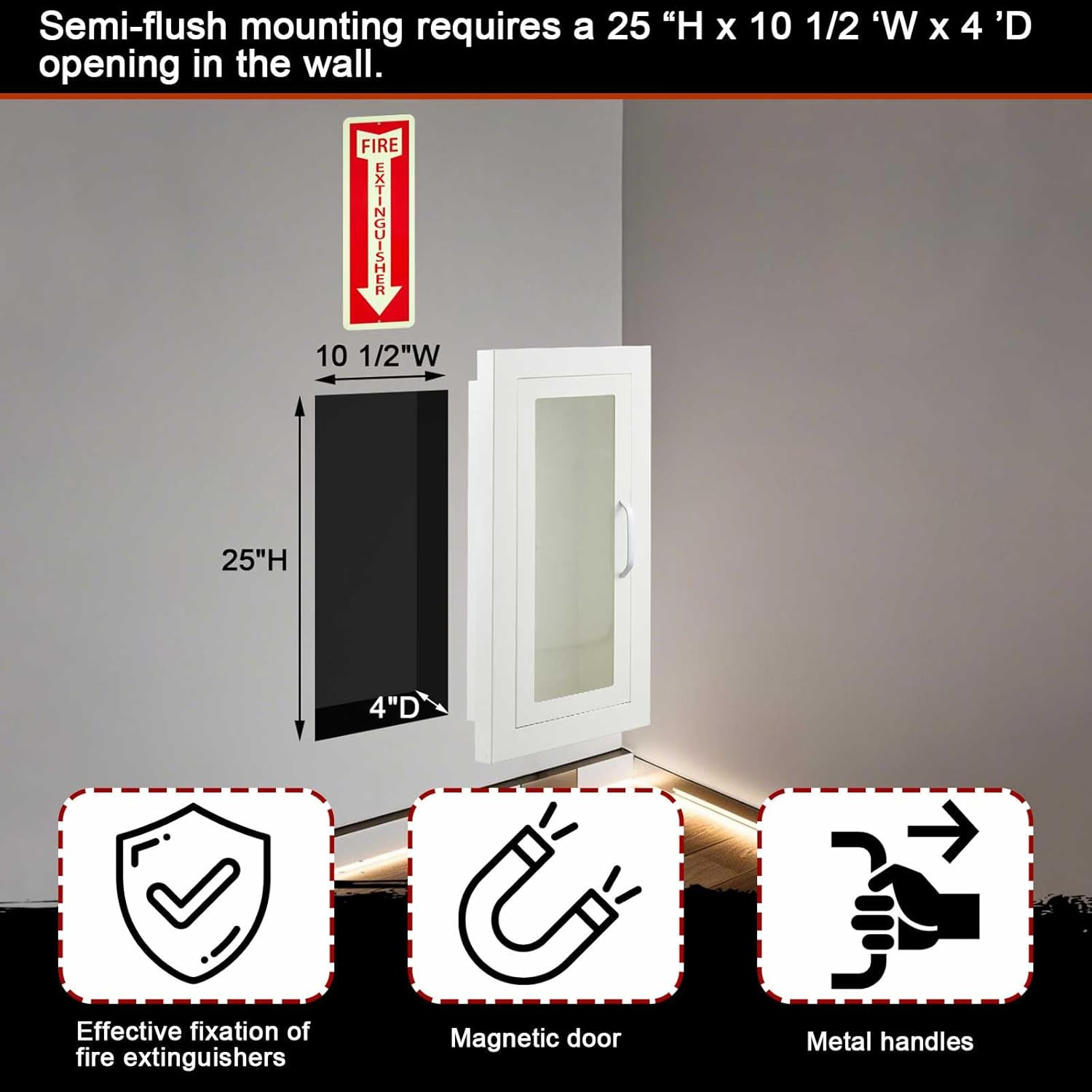 Semi-Recessed Fire Extinguisher Cabinet with Reflective Sign, Steel Recessed Wal