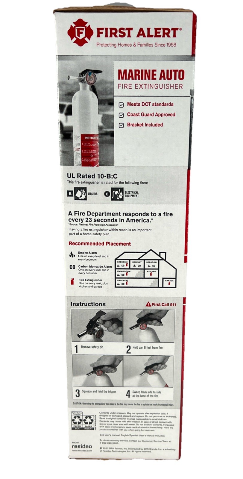 First Alert FE10GR Rechargeable Marine Fire Extinguisher NIB
